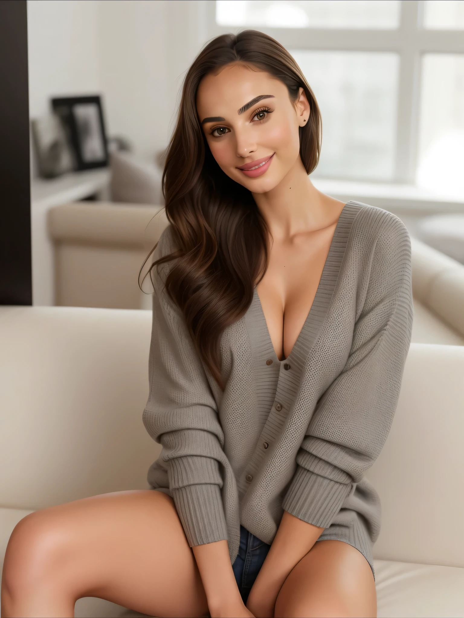 hot spanish woman, sitting on a couch in a gray sweater, grey sweater, portrait sophie mudd, wearing sweater, wearing a sweater, portrait of nicole aniston, wearing casual sweater, attractive girl, casual pose, gorgeous lady, nicole aniston, olivia culpo, cute seductive smile, smiling seductively, beautiful model girl, photo of the beauty gal gadot, sexy girl