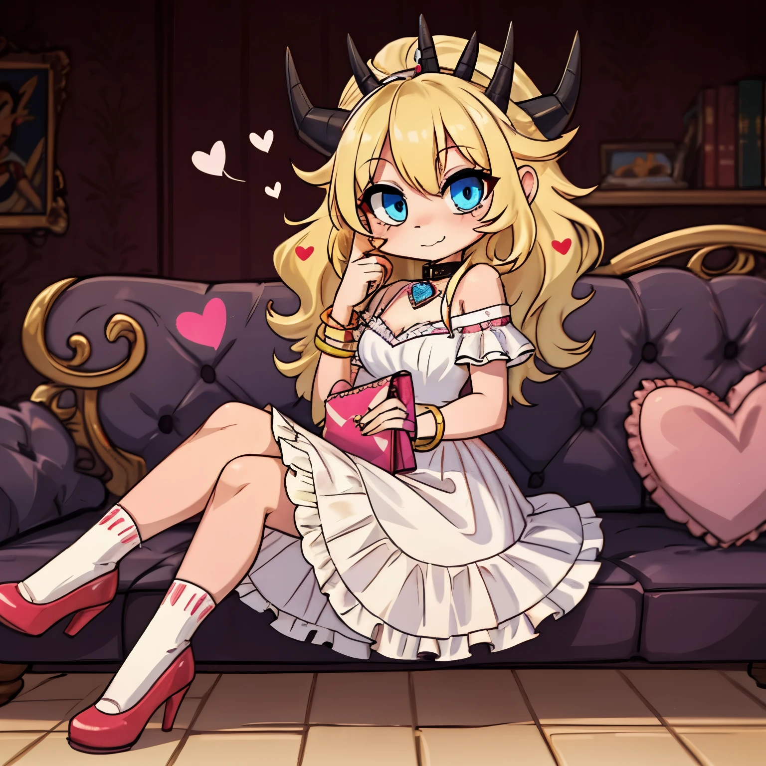 A cute and chubby female demon with pastel pink skin, curly blonde hair, and blue eyes. She has a pair of heart-shaped horns on her head, a heart-shaped tail, and heart-shaped markings on her cheeks and chest. She wears a white dress with colorful candy hearts on it, matching her collar, bracelet, and earrings. She also wears white shoes and socks, and carries a pink purse with more candy hearts inside.