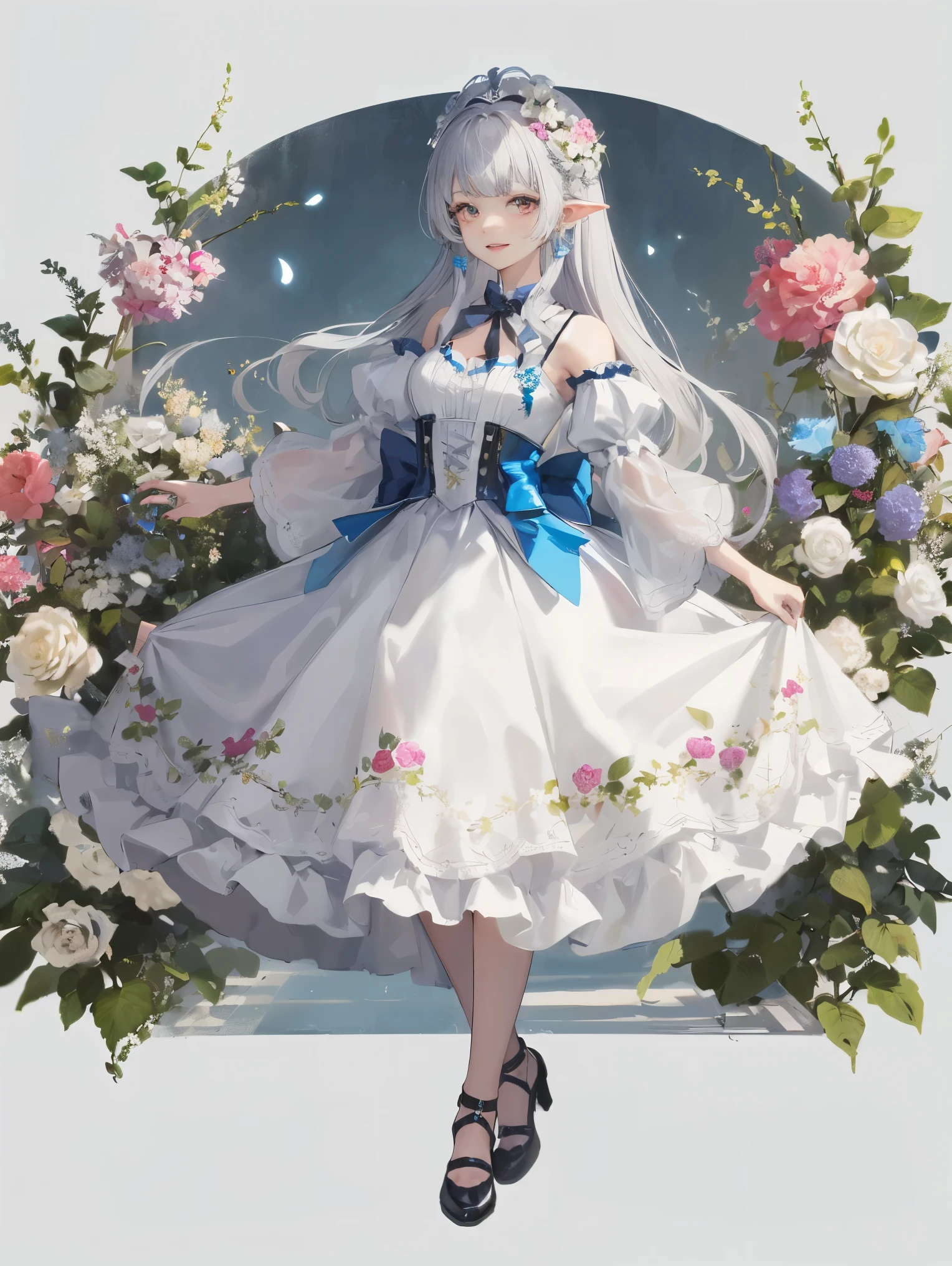 (master piece、highest quality、enlightenment、very high quality、High level image quality、very sensitive writing)Girl with long silver hair standing in a beautiful flower garden、slight smile、beast ears,standing on one's own feet,,she has a big bouquet、nice dress,There are frills on the shoulders、cropped skirt,pattern,translucent front photo,shoes, Close-up of princess shoess,law, long skirt