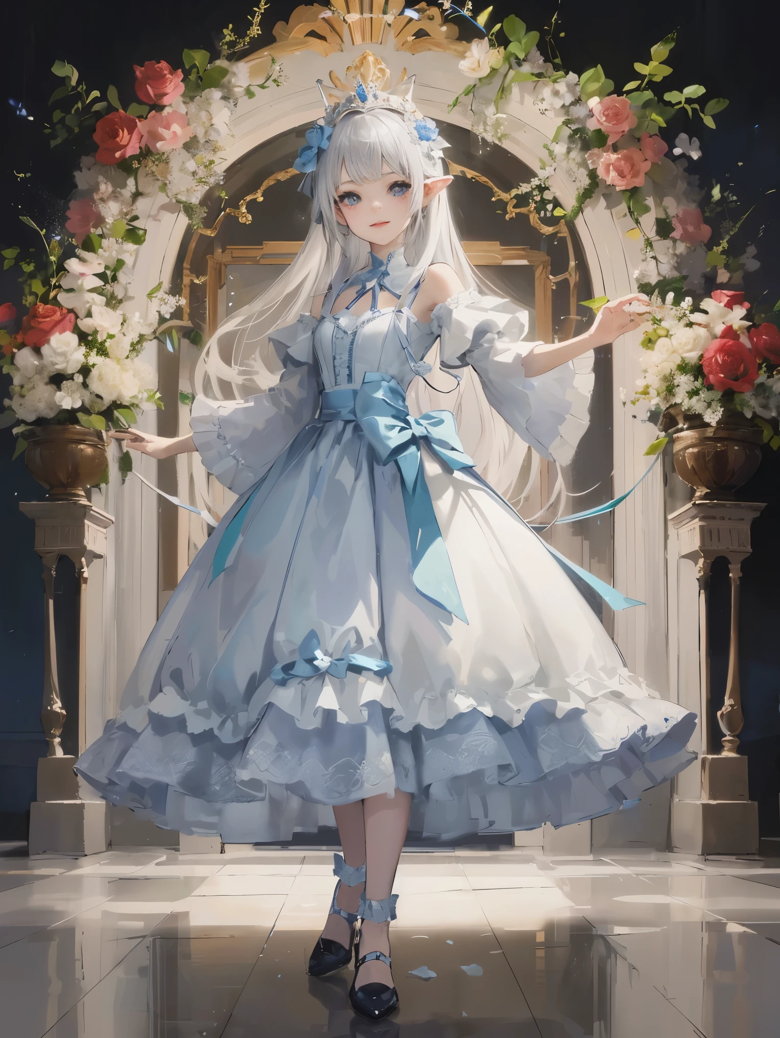 (master piece、highest quality、enlightenment、very high quality、High level image quality、very sensitive writing)Girl with long silver hair standing in a beautiful flower garden、slight smile、beast ears,standing on one's own feet,,she has a big bouquet、nice dress,There are frills on the shoulders、cropped skirt,pattern,translucent front photo,shoes, Close-up of princess shoess,law, long skirt