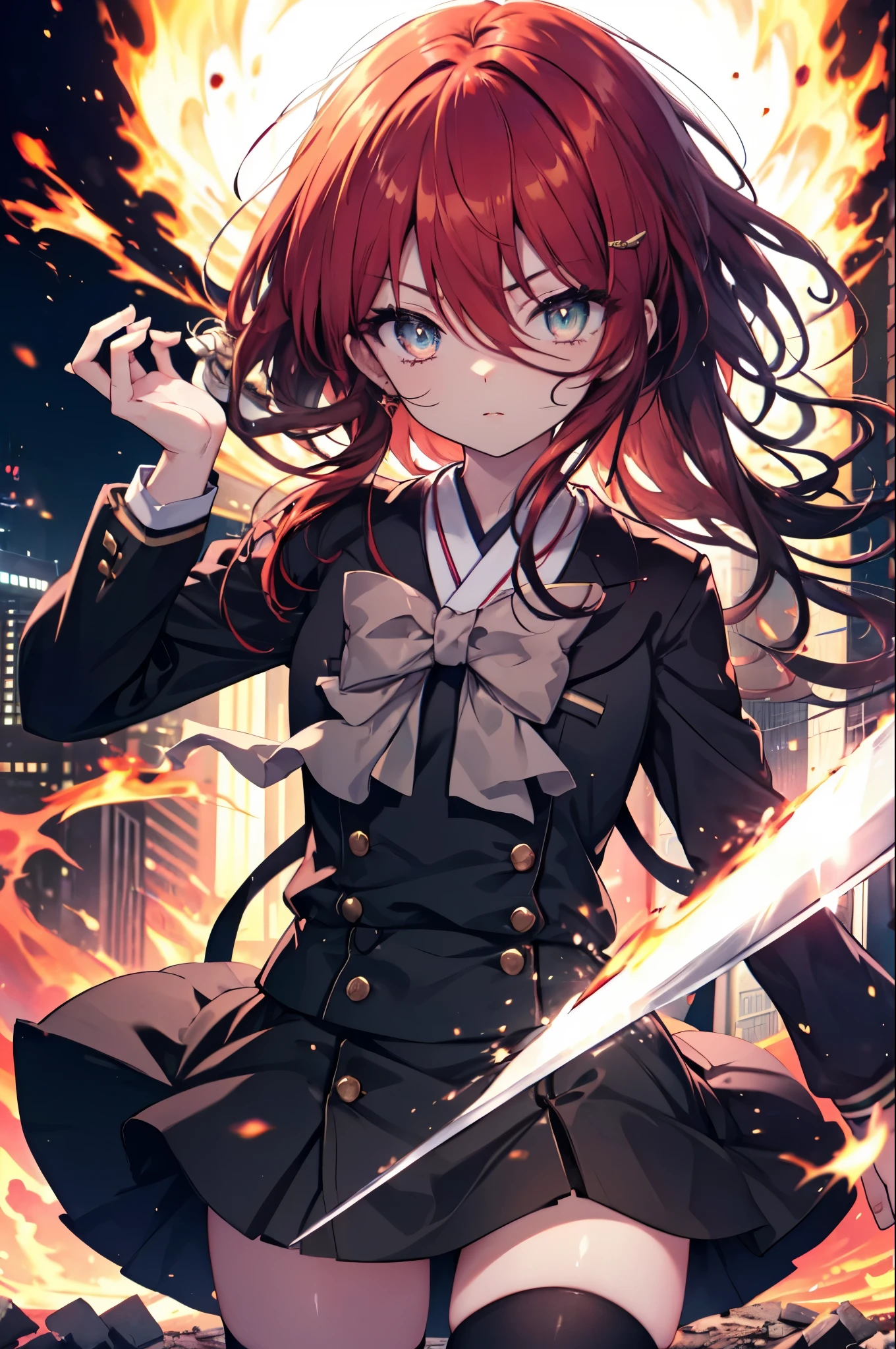 shana, redhead, red eyes, long hair,Ahoge Misaki High School uniform,black rider suit,Misaki High School Skirt,black knee high socks,brown loafers,In his left hand he holds a Japanese sword wrapped in flames.,city of rubble,Explosive flame,(masterpiece:1.2), highest quality, High resolution, unity 8k wallpaper, (shape:0.8), (beautiful and detailed eyes:1.6), highly detailed face, perfect lighting, Very detailed CG, (perfect hands, perfect anatomy),
