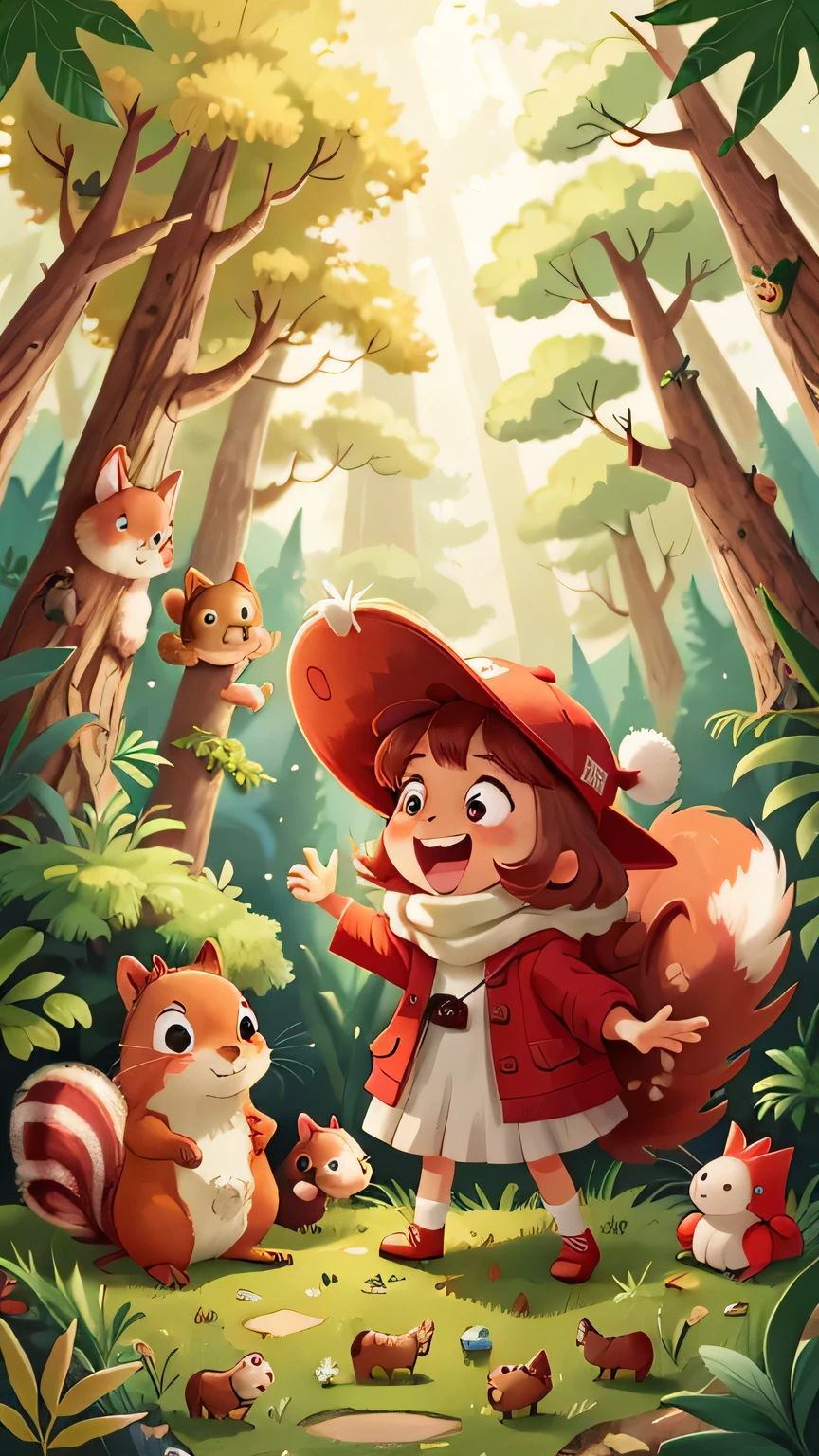 1 , confident laughing, showing white teeth, with red hat, a fluffy squirrel and some small animals next to her, forest scene