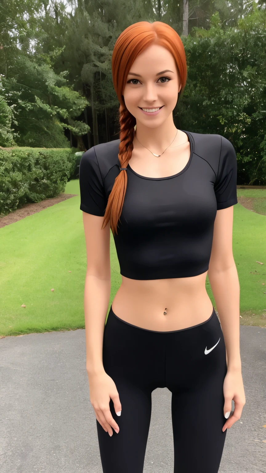 Redhead girl, skinny, ((flat chest)), cute face, smiling, long legs, athletic, pigtails, 