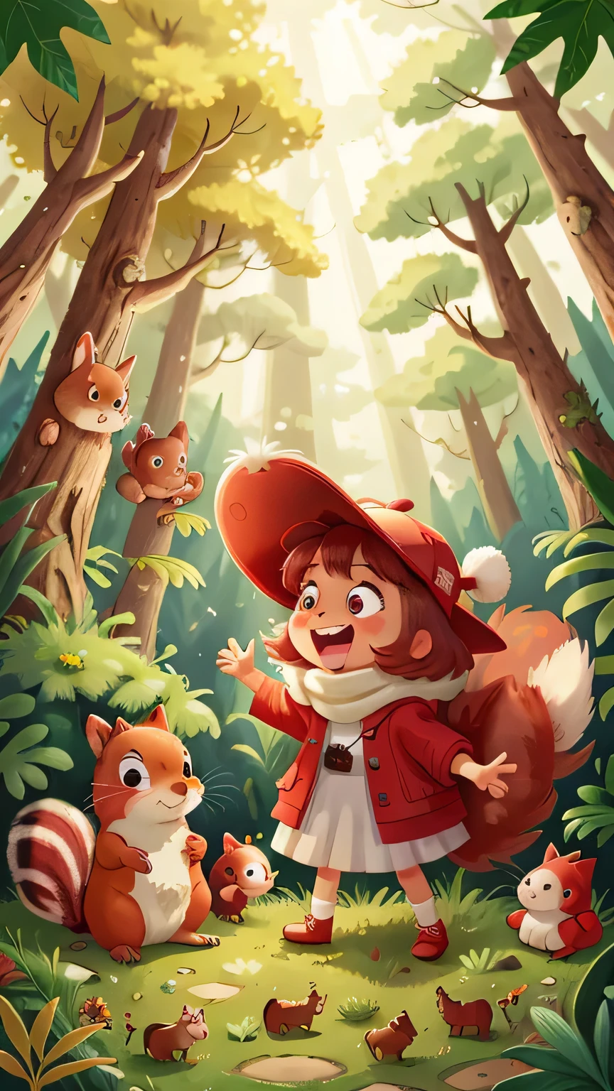 1 , confident laughing, showing white teeth, with red hat, a fluffy squirrel and some small animals next to her, forest scene