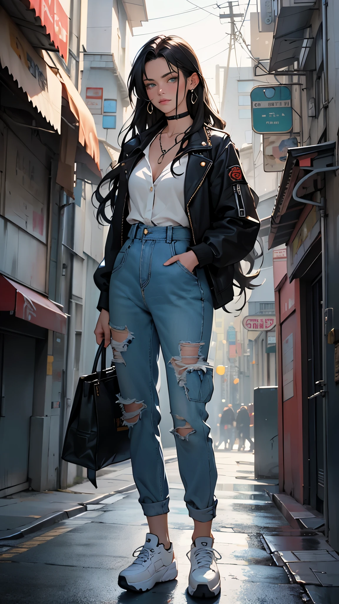 (Masterpiece, Best quality, A high resolution, ultra detailed), 1 woman, long black wavy hair, Green eyes, Beautiful, detailed eyes and face, Perfect body, earrings, ear piercing, unbuttoned jacket, denim jumpsuit with straps, White shirt, denim platform sneakers, naked collarbones, chain necklace, cityские трущобы фон, city , street, by Amano Akira, full body