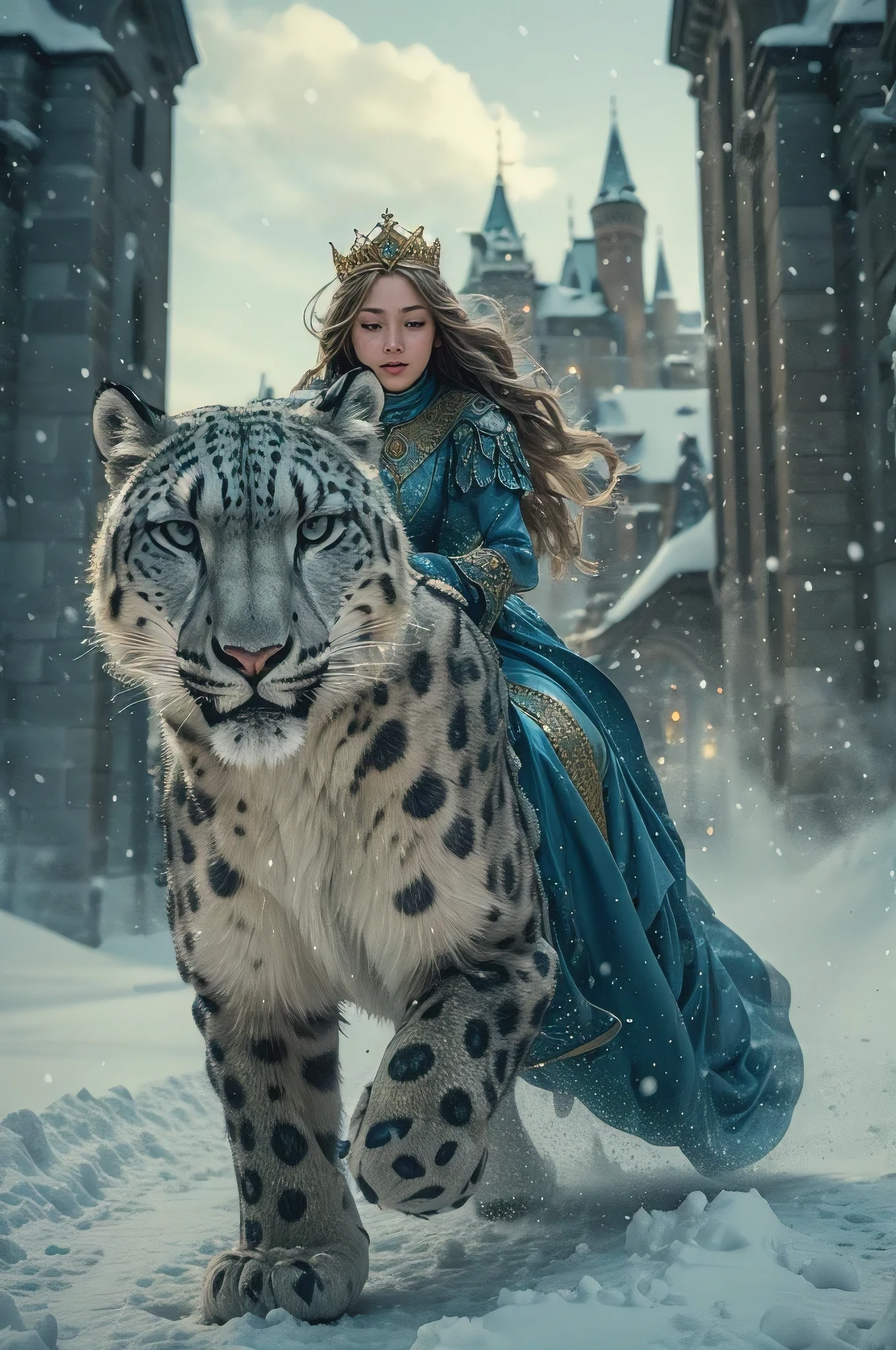 A girl is wearing a blue long dress, golden long hair, and a golden crown. She is riding a giant snow leopard and running on the snow, with a huge castle in the background,full body,frontal view,long view, highly detailed, editorial photography,beautiful cinematic lighting,hyperrealistic