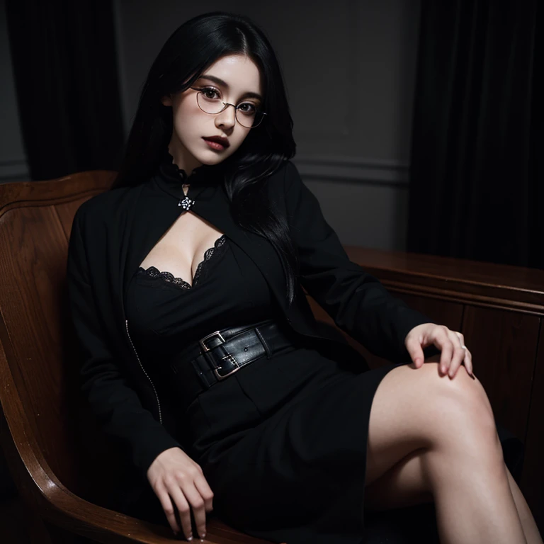Masterpiece, highest quality, high resolution, solo, a goth woman with black lipstick and a black jacket sits on an antique wooden chair, engulfed in the darkwave goth aesthetic with dim lighting and gothic horror vibes surrounding her, her androgynous vampire-like features accentuated by the ominous gothic aesthetic of her surroundings, her tan skin contrasting sharply with the velvety darkness, large breasts subtly hinted beneath her clingy top, her round glasses adding a touch of cute vulnerability to her gothic style, anime influences adding to the overall enigma of her appearance.