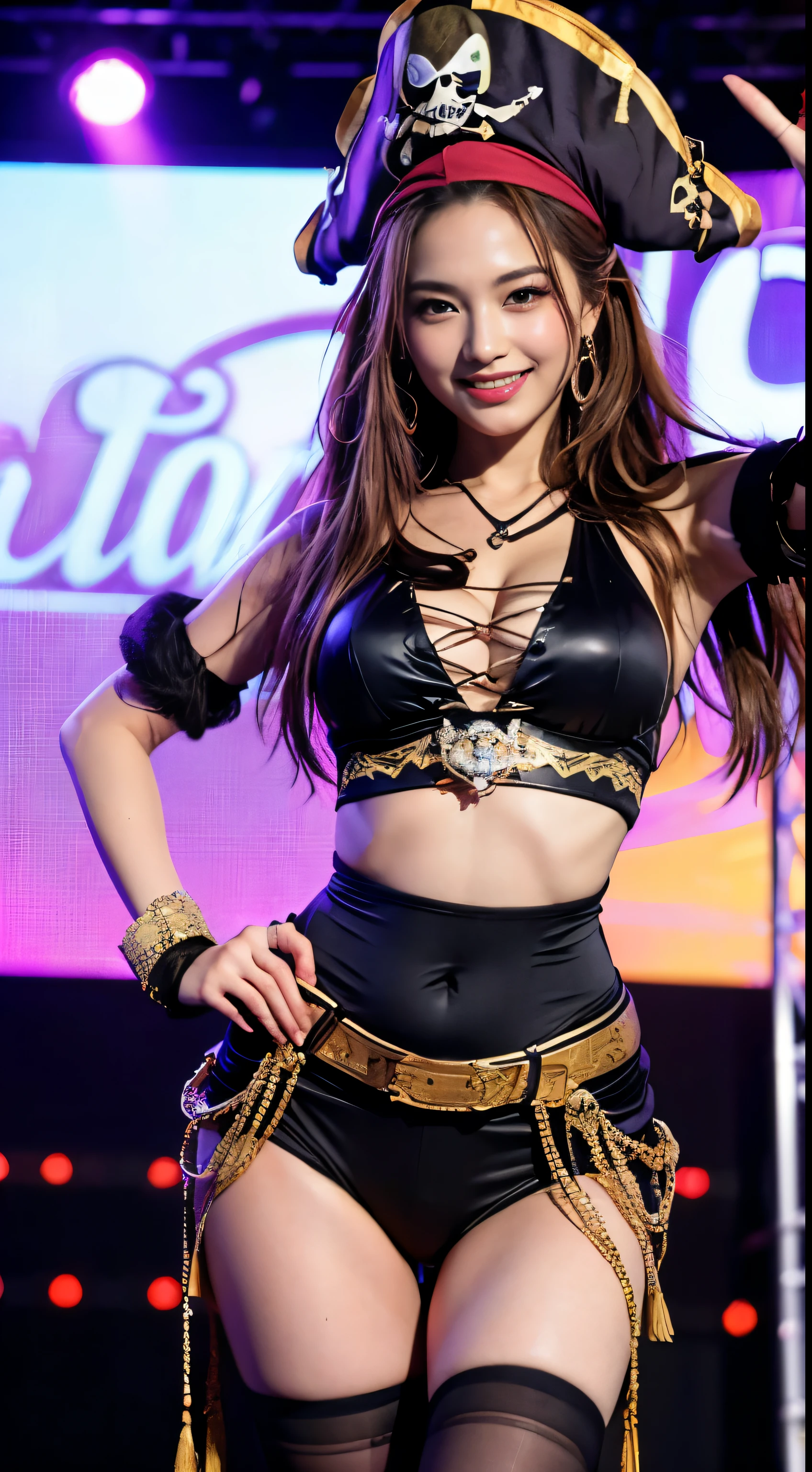 ((masterpiece、highest quality))、shape、Super detailed、8k、realistic、sharp focus、very detailed、professional lighting、colorful details、(((top idol beauty)))、(((unparalleled beauty)))、(((historical beauty)))、detailed texture、skin moisture、shiny skin、perfect style、erotic body、dance violently、Esbiance、bow、((Solid fingers:1.5))、(pirate costume:1.4)、(dance violently:1.4)、(On the stage set of a huge luxury pirate ship)、in front of a packed audience、look at the audience、18-year-old、shine、intricate details、Shitsumeka、1 A woman stands in front of the camera、belly button、smile、