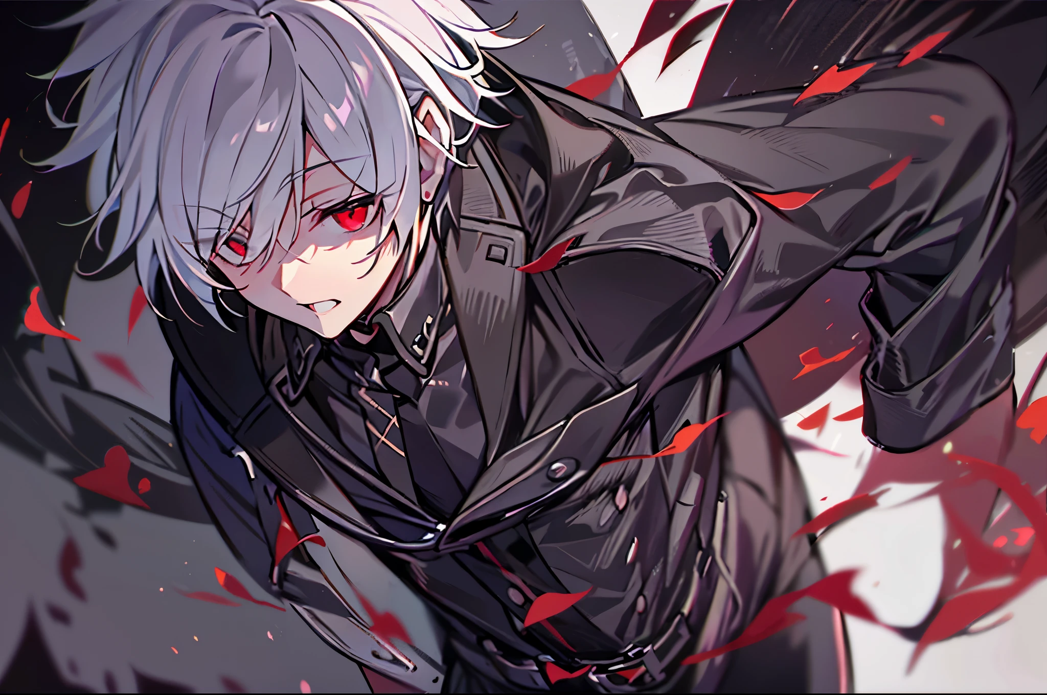 hight resolution,Anime boy with white hair and red eyes staring at camera, red eyes,slim, dressed in a black outfit,Shadow Body,Brown skin,monochromes,hair messy,Diagonal angle