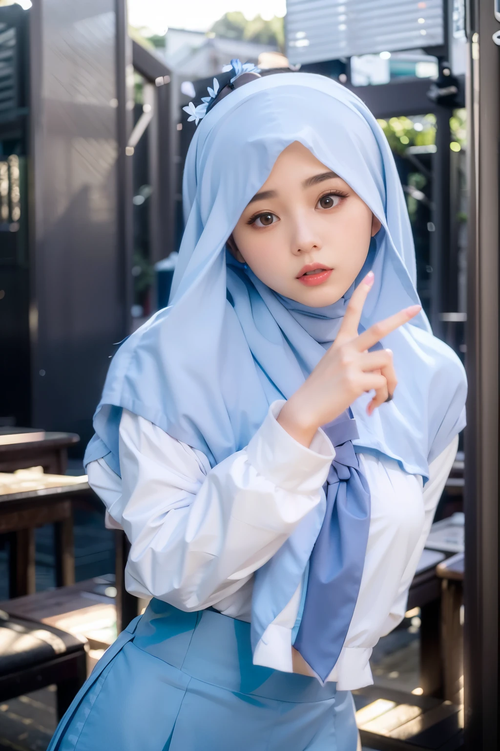 there is a woman in a blue hijab posing for a picture, ulzzang, hijab, aesthetic!!!!!! female genie, korean girl, lalisa manobal, white hijab, aya takano color style, yanjun chengt, nun fashion model, sha xi, inspired by Lü Ji, jaeyeon nam, pastel blue, sakimi chan