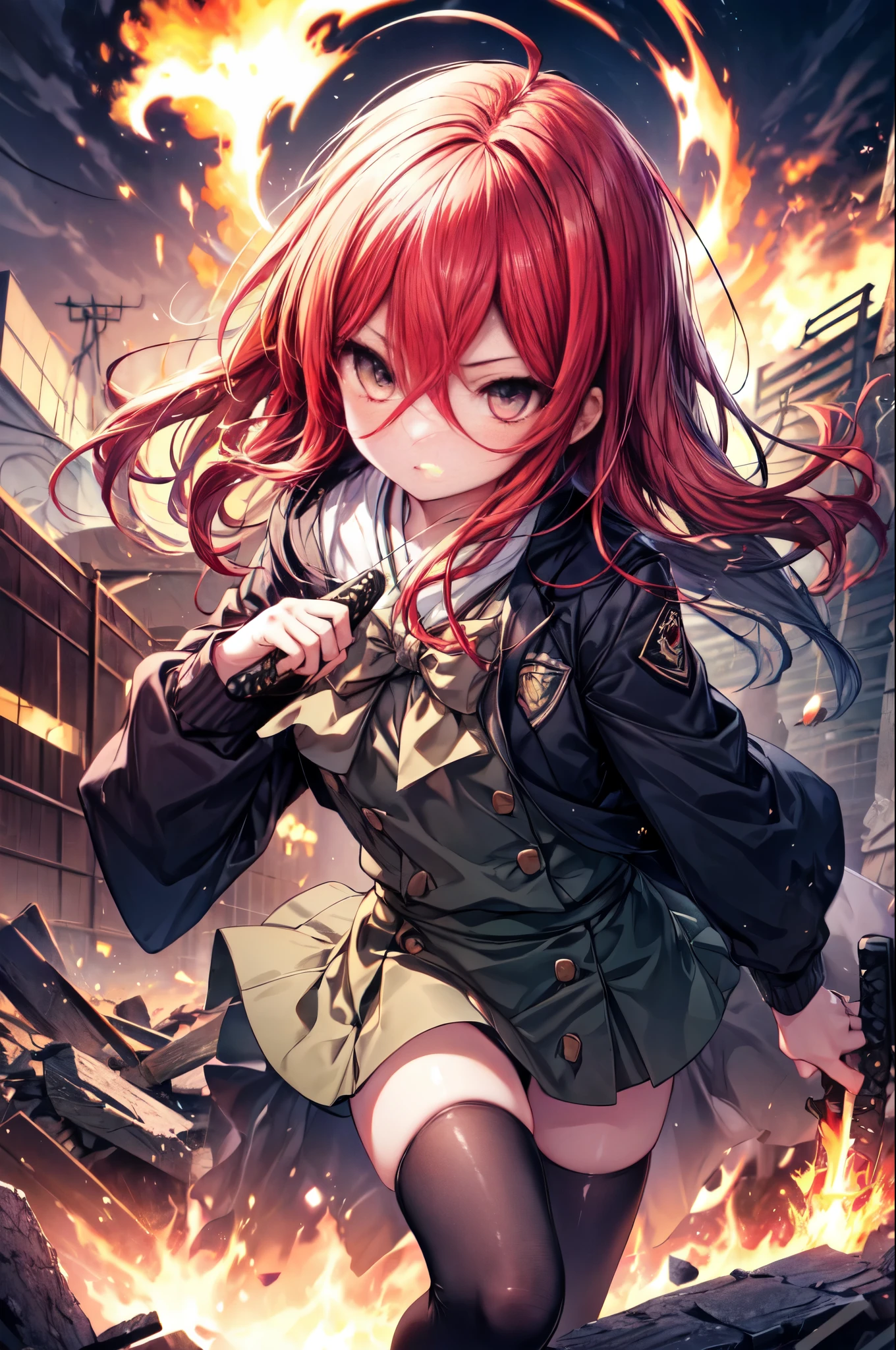 shana, redhead, red eyes, long hair,Ahoge Misaki High School uniform,black rider suit,Misaki High School Skirt,black knee high socks,brown loafers,In his left hand he holds a Japanese sword wrapped in flames.,city of rubble,Explosive flame,(masterpiece:1.2), highest quality, High resolution, unity 8k wallpaper, (shape:0.8), (beautiful and detailed eyes:1.6), highly detailed face, perfect lighting, Very detailed CG, (perfect hands, perfect anatomy),