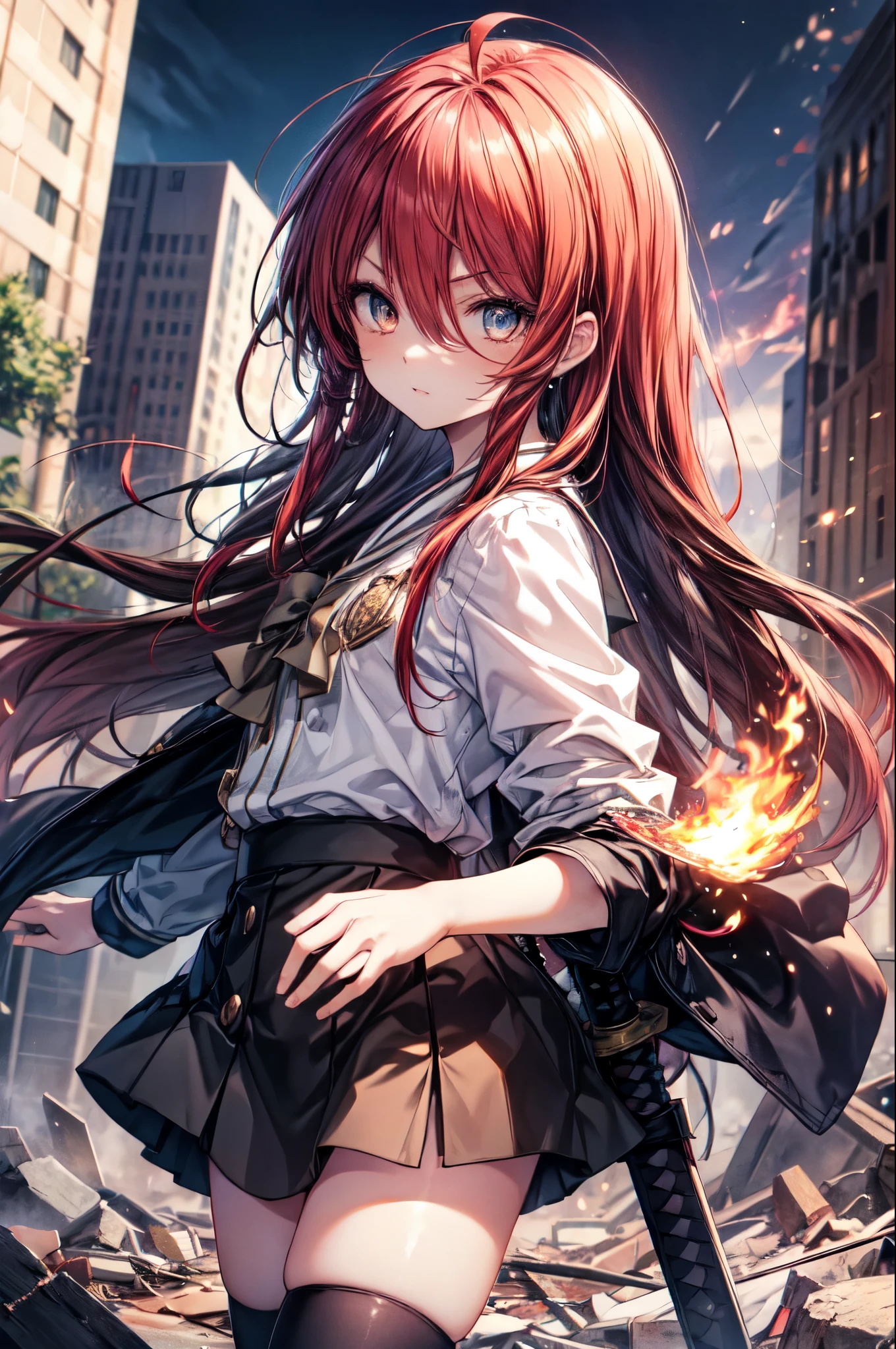 shana, redhead, red eyes, long hair,Ahoge Misaki High School uniform,black rider suit,Misaki High School Skirt,black knee high socks,brown loafers,In his left hand he holds a Japanese sword wrapped in flames.,city of rubble,Explosive flame,(masterpiece:1.2), highest quality, High resolution, unity 8k wallpaper, (shape:0.8), (beautiful and detailed eyes:1.6), highly detailed face, perfect lighting, Very detailed CG, (perfect hands, perfect anatomy),