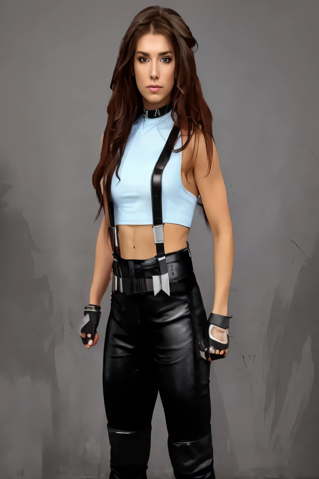 ((masterpiece, best quality)),there is a woman in a blue cloth top and black leather pants with black suspenders, red brown long hair, black chocker necklace, black leather gloves with silver trim on them, purple eye makeup female lead character, female wrestler, female outfit, lara croft as , photo realistic, intricate details