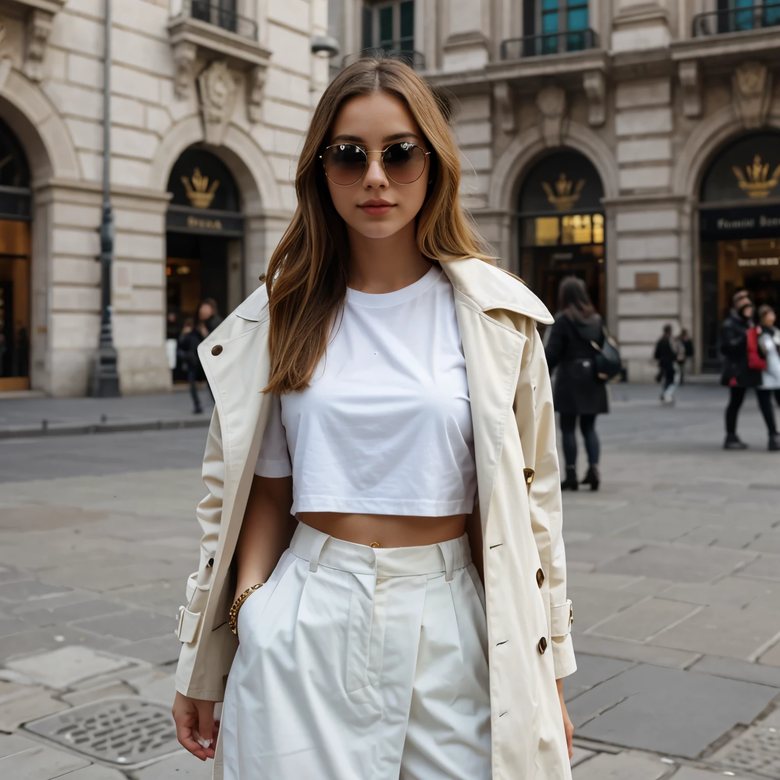 beautiful blonde girl, white tshirt, black coat, sunglasses, piazza duomo di milano