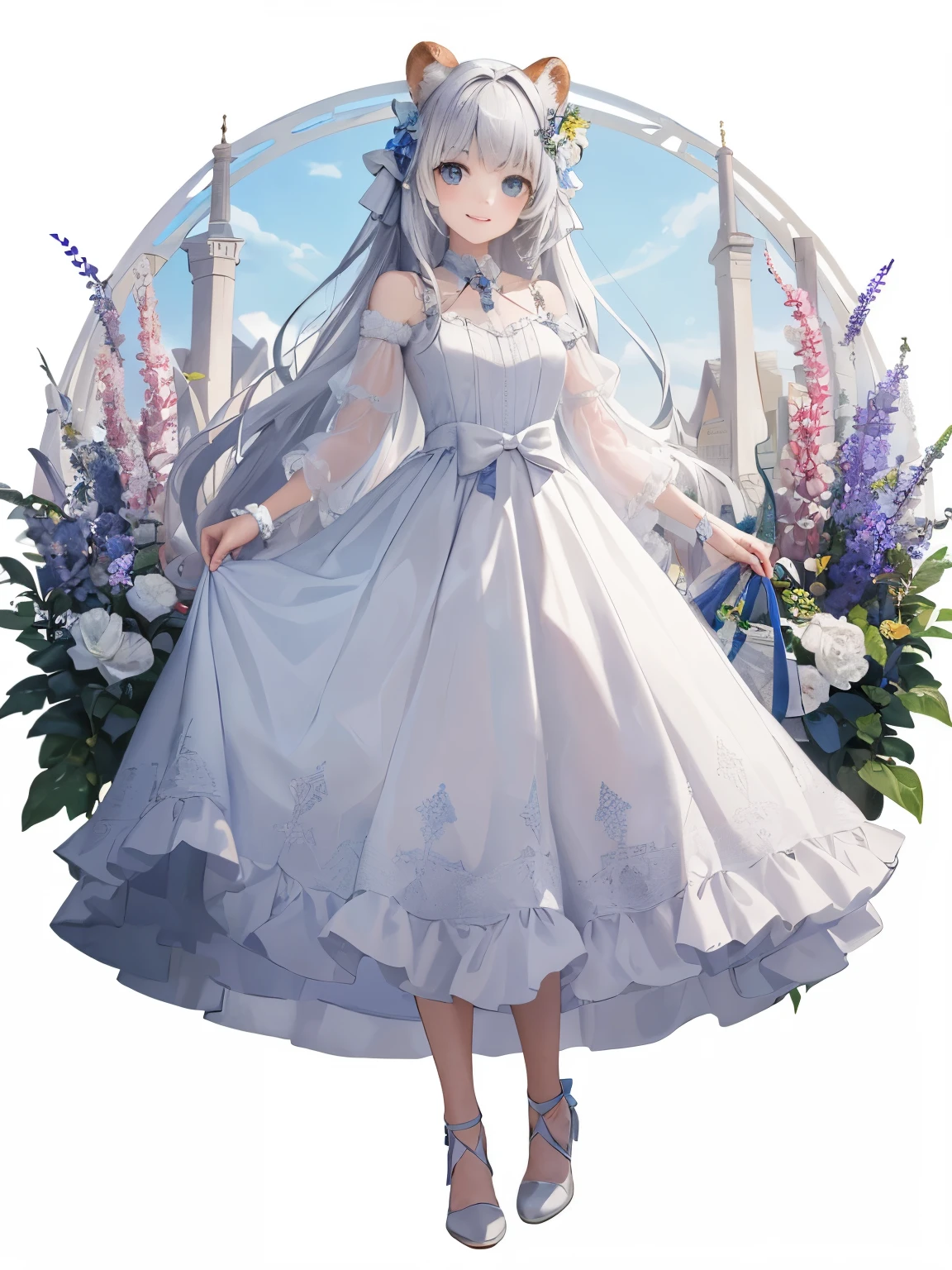(master piece、highest quality、enlightenment、very high quality、High level image quality、very sensitive writing)Girl with long silver hair standing in a beautiful flower garden、slight smile、beast ears,standing on one's own feet,,she has a big bouquet、nice dress,There are frills on the shoulders、cropped skirt,pattern,translucent front photo,shoes, Close-up of princess shoess,law, long skirt