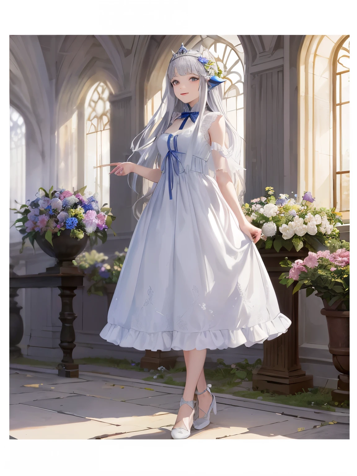 (master piece、highest quality、enlightenment、very high quality、High level image quality、very sensitive writing)Girl with long silver hair standing in a beautiful flower garden、slight smile、beast ears，standing on one&#39;s own feet，，she has a big bouquet、nice dress，There are frills on the shoulders、cropped skirt，pattern，translucent front photo，shoes， Close-up of princess shoess，law， long skirt