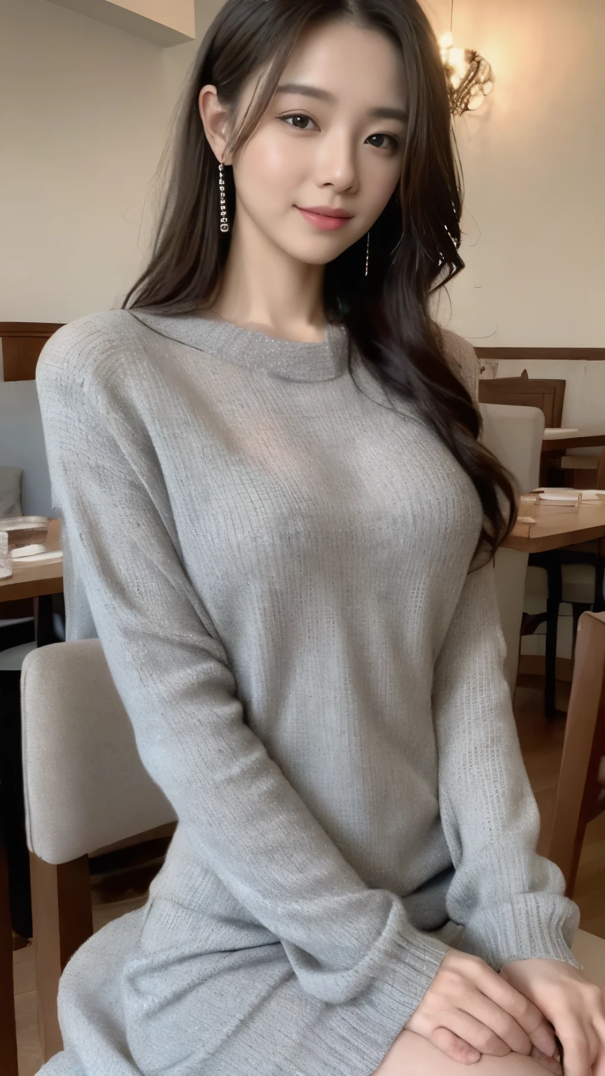 ((top-quality、8k、masterpiece:1.3))、Beautiful woman with perfect body:1.4、slim abdomen:1.2、Longhair, normal breast, Highly detailed facial and skin texture, A detailed eye, delicate eyes, double eyelid, (smile), (full body shot), ((restaurant)), (sitting on chair), (((wearing grey Sweater Dress:1.1)), looking in front, food
