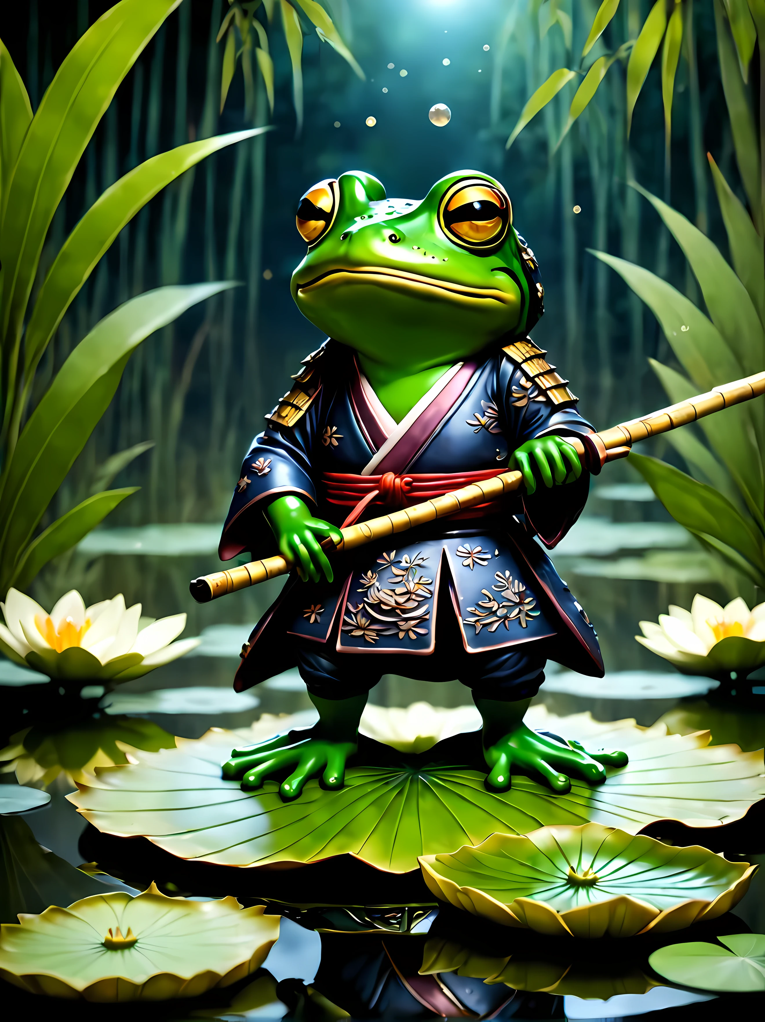 (pixel art:1.4), masterpiece in maximum 16K resolution, (solo close up front view:1.4) captivating scene featuring a lone (frog (samurai) sitting in a ((meditative pose)) under a big Sakura tree) emanating magical soft glow. | The frog samurai ((playing a shamisen)) and (wearing an intricately designed traditional Japanese armor crafted from shimmering lotus leaves), has a ((katana)) made of finest steel. | Blossoms ((flutter gently)) to the ground, a serene (moonlit:0.5) night. | ((More_Detail))
