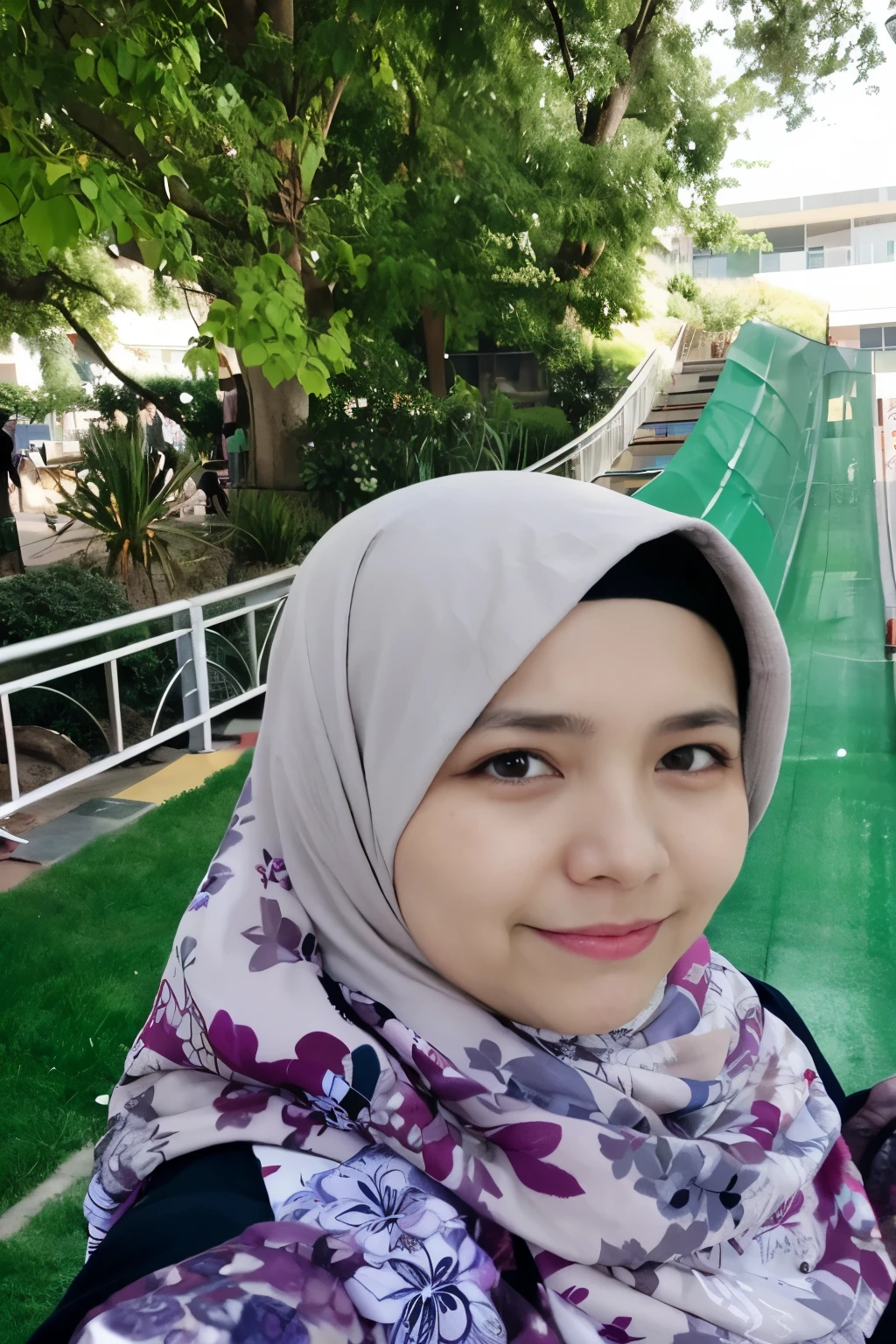 a close up of a woman wearing a headscarf and a scarf, faridah malik, with a park in the background, at a park, in garden, with a park in the back ground, hijab, 38 years old, 3 2 years old, 2 8 years old, 2 7 years old, ismail, 2 9 years old, old picture, in a park
