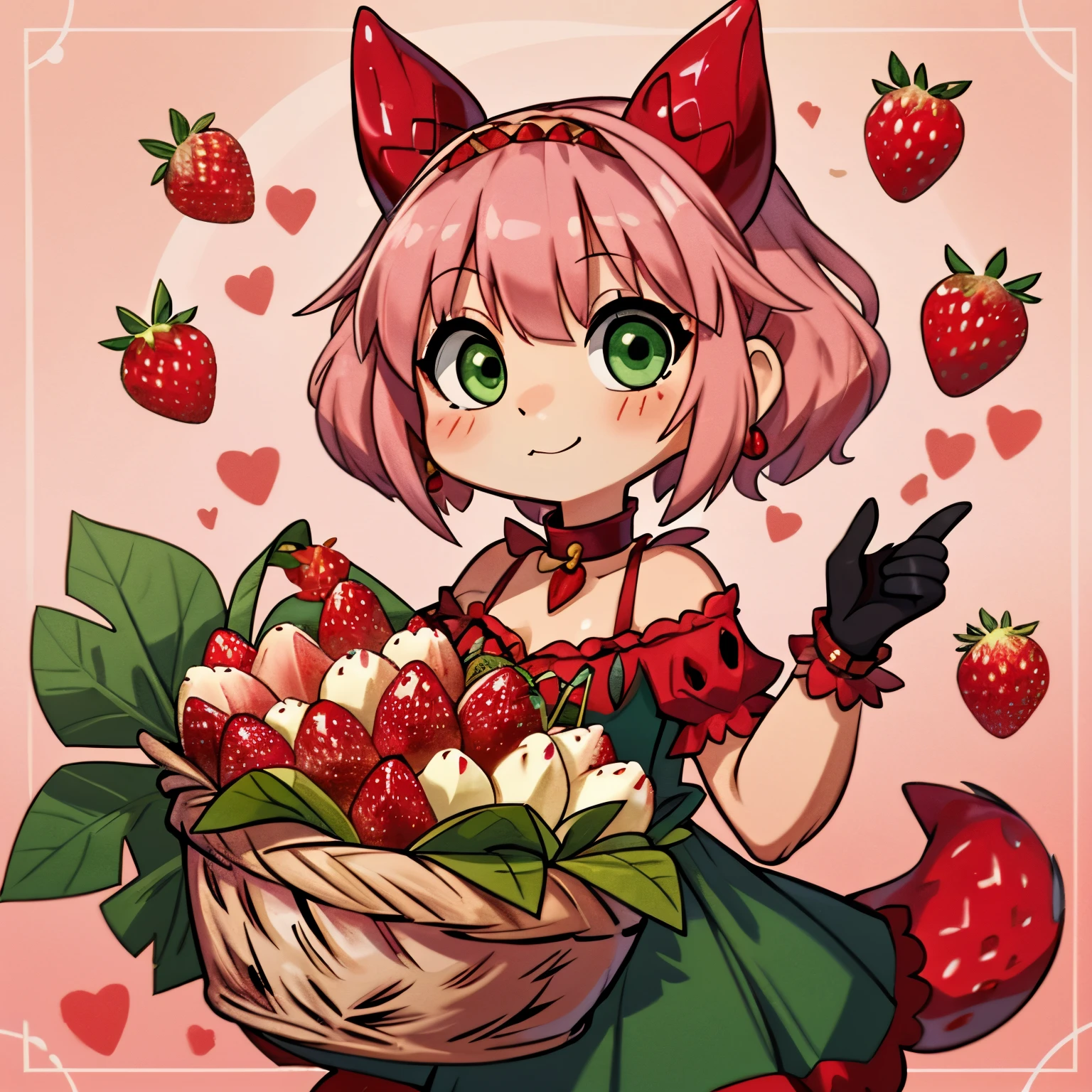 A cute and curvy female demon with red and glossy skin, short and wavy pink hair, and green eyes. She has a pair of strawberry-shaped horns on her head, a strawberry-shaped tail, and strawberry seeds on her cheeks and chest. She wears a green dress with a leafy collar and hem, red shoes and gloves, and a strawberry necklace and earrings. She also carries a basket of strawberries with her. ((solo)), ((1character))