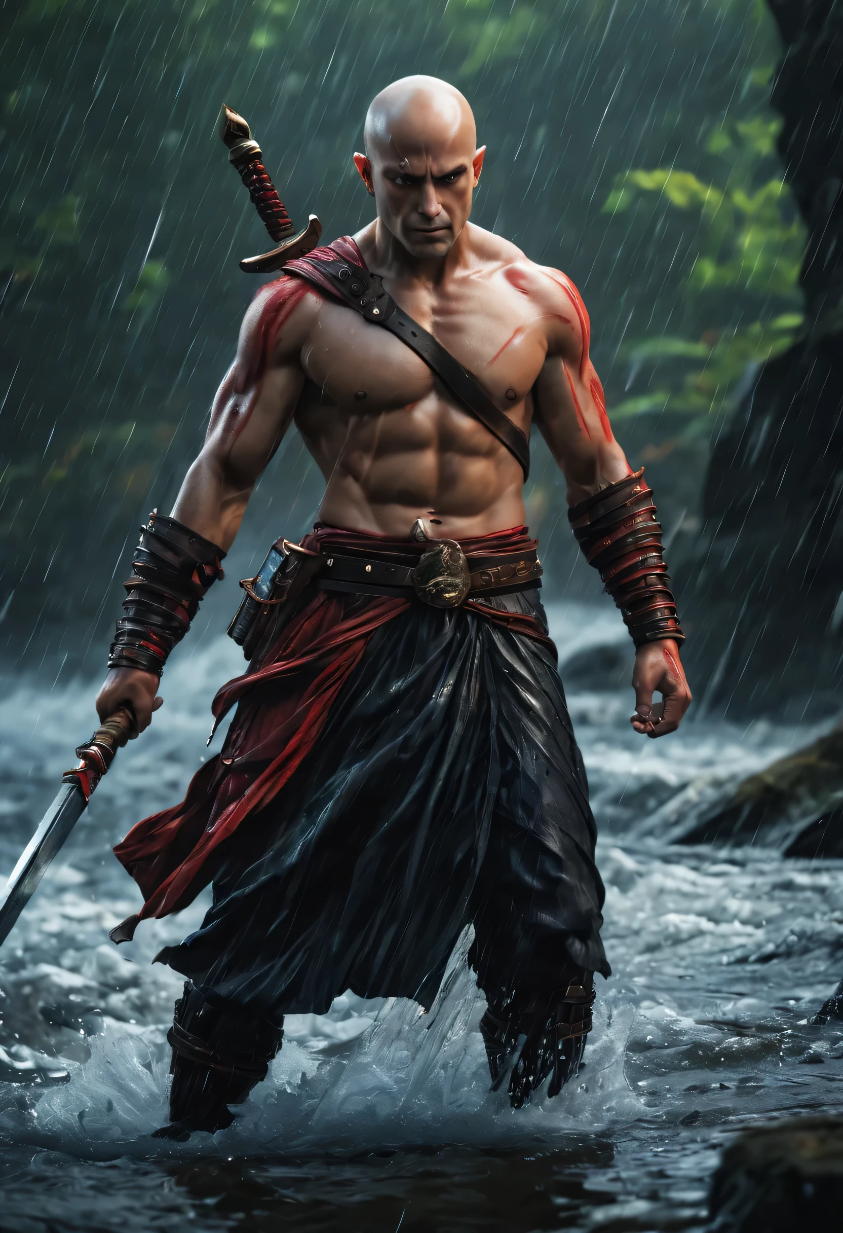 best quality，Ultra-fine，Bald warrior appears in the water ，Katana in hand，fighting，Dodge，avoid，lifelike，photorealism：1.37），bright colors，clear focus，Defocused，（fantasy：1.2），（mystical landscapes），（dynamic poses：1.37），（intense gaze），（Extraordinary power），（the power of myth），black and red，rainy day，Wounds on the body，splash
