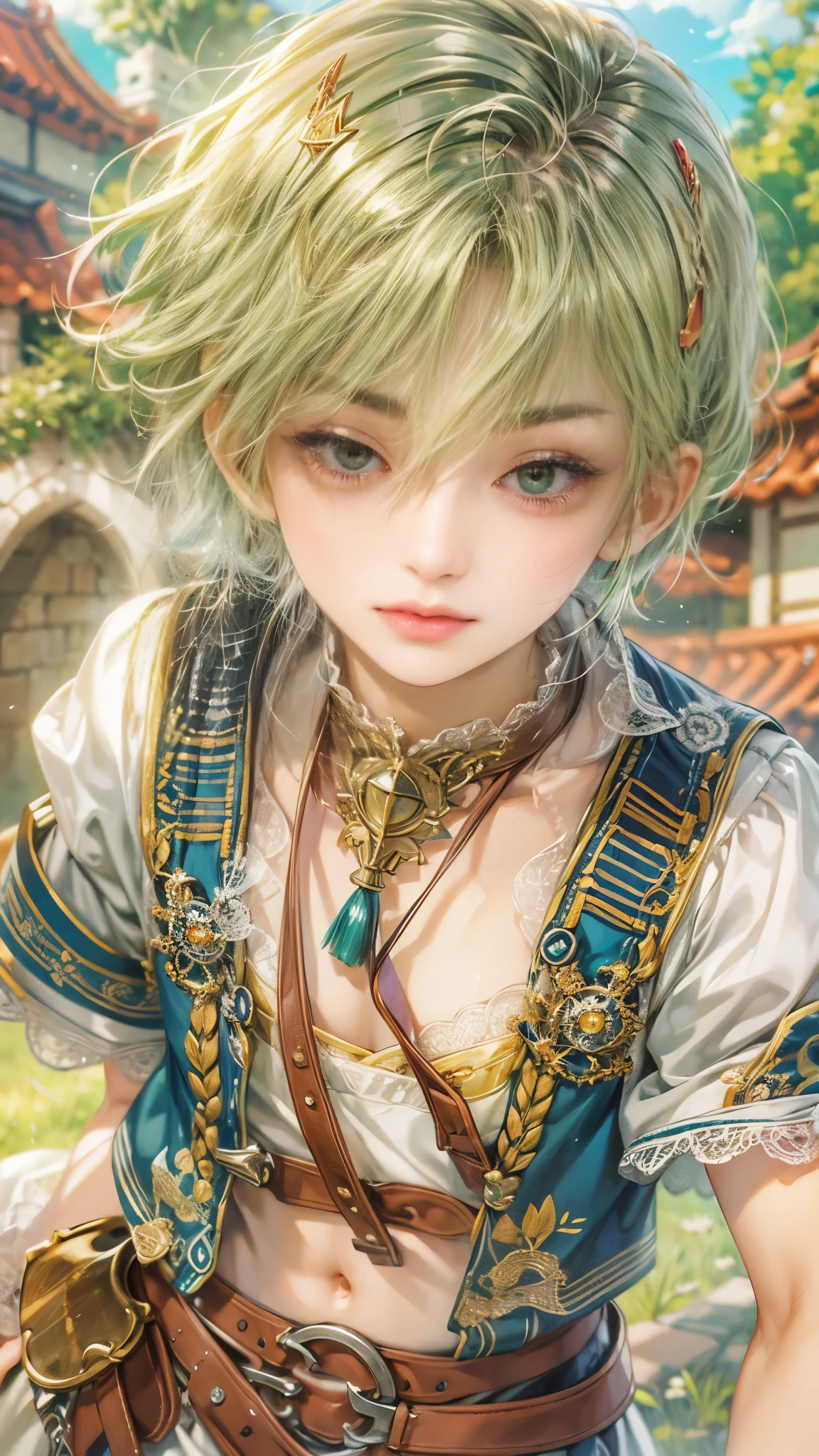 (absurdres, highres, ultra detailed, HDR), masterpiece, intricate details, best quality close-up picture of a character from Ragnarok Online, a character with handsome looks, korean face, green hair, short hair, anime yellow eyes, matured teen, fantastic outfit showing chest, crop top, detailed town of prontera background, festive scenery, detailed character, art kenouji