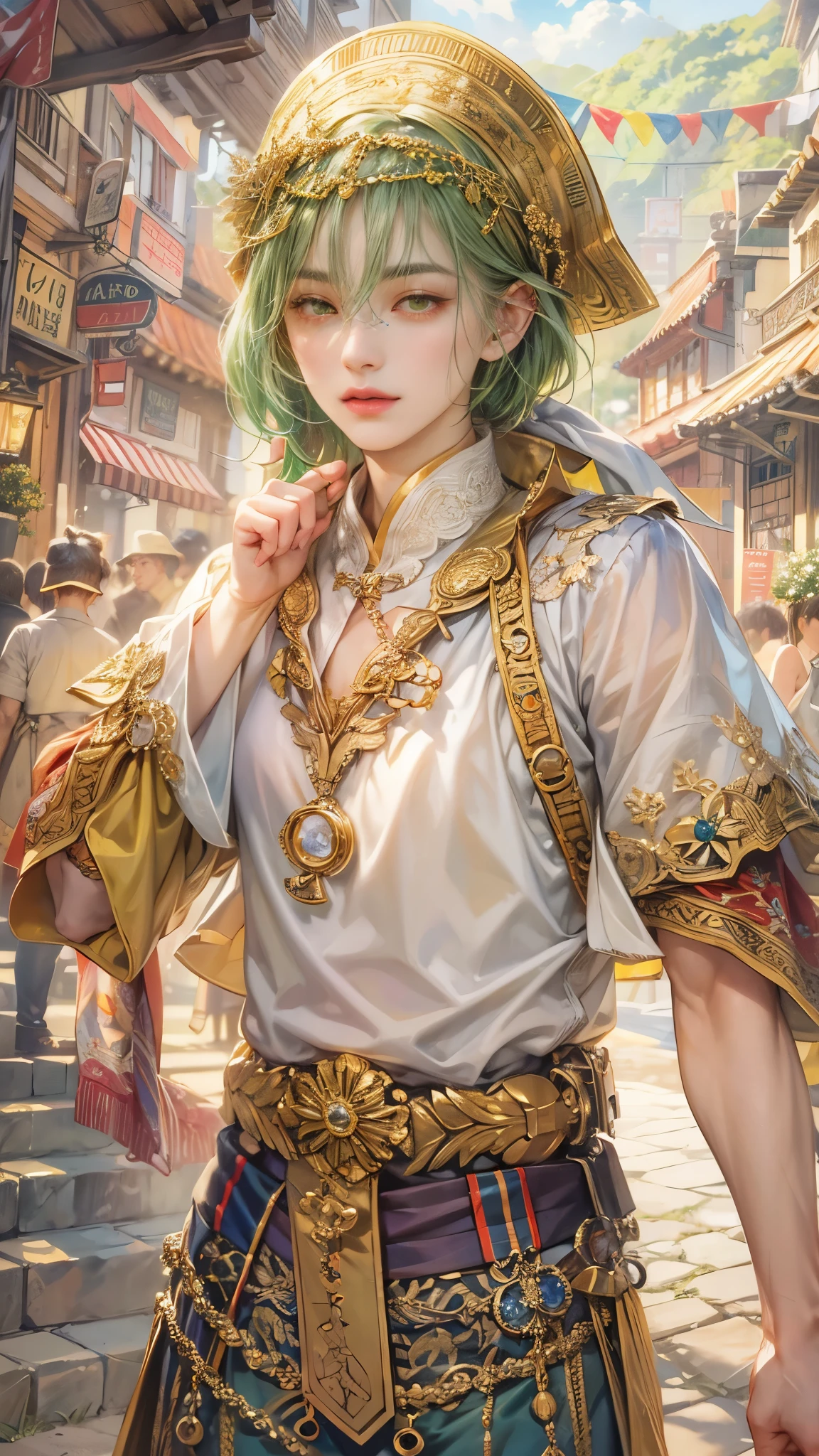 (absurdres, highres, ultra detailed, HDR), masterpiece, intricate details, best quality close-up picture of a character from Ragnarok Online, a character with handsome looks, korean face, green hair, short hair, anime yellow eyes, matured teen, fantastic outfit showing chest, crop top, detailed town of prontera background, festive scenery, detailed character, art kenouji