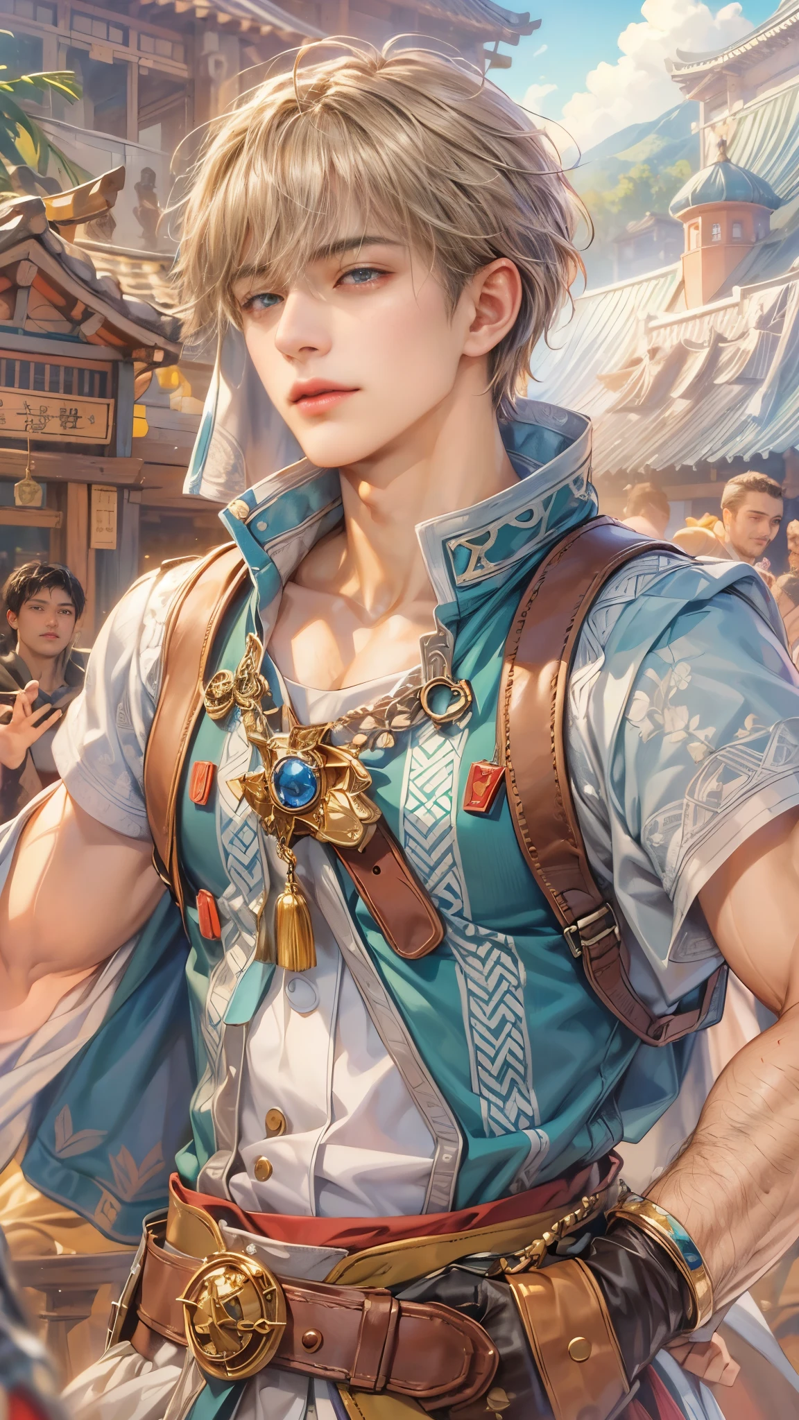 (absurdres, highres, ultra detailed, HDR), masterpiece, intricate details, best quality close-up picture of a character from Ragnarok Online, a character with handsome looks, korean face, short hair, anime eyes, matured teen, farmer outfit showing chest, crop top, detailed town of prontera background, Festival scenery, detailed character, art kenouji