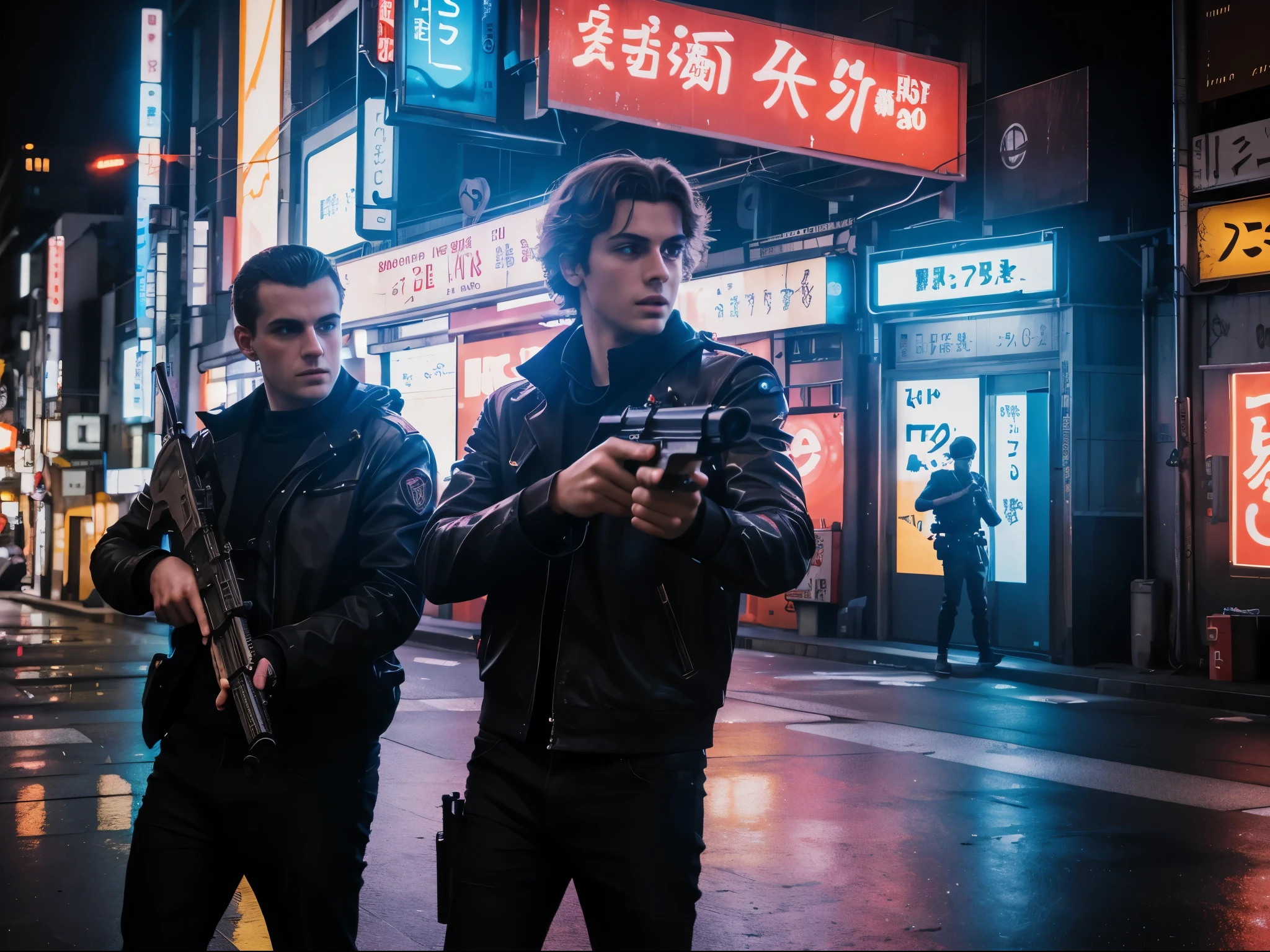 The streets of Tokyo are alive with the sound of gunfire as two young European men, their faces illuminated by the neon lights, engage in a deadly duel with their futuristic weapons.