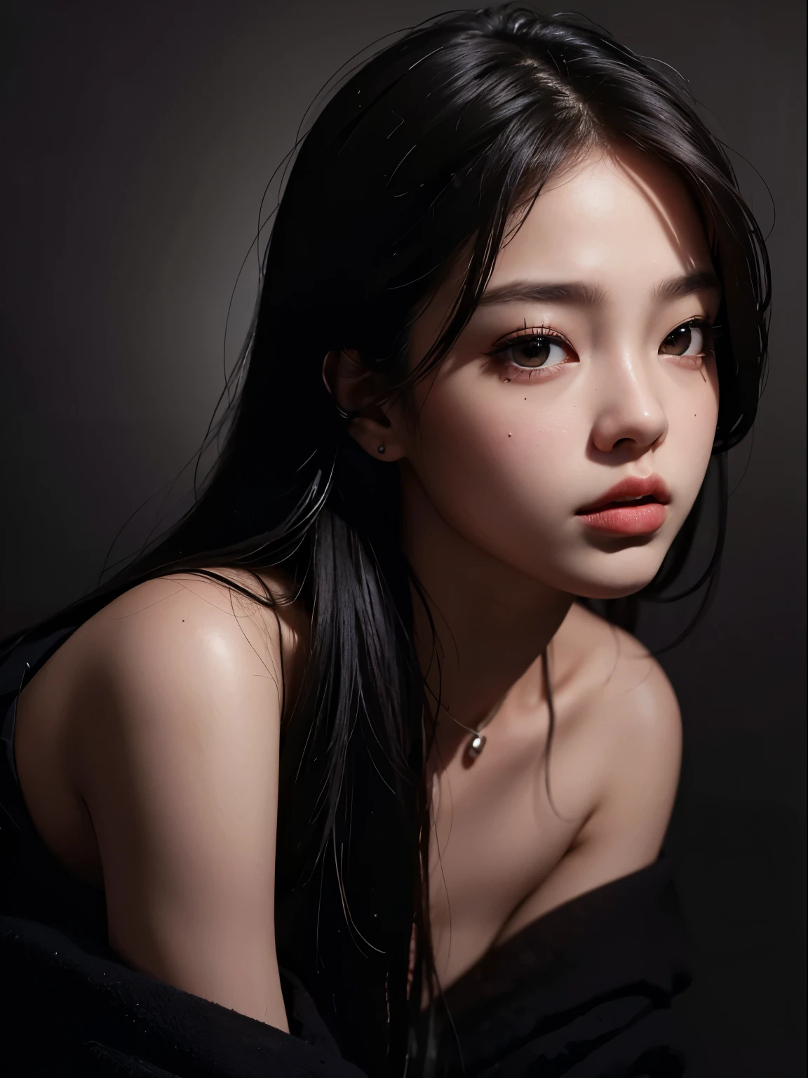 Best quality, masterpiece, ultra high res, (photorealistic:1.4), raw photo, 1girl, offshoulder, in the dark, deep shadow, low key, cold light , jennie
