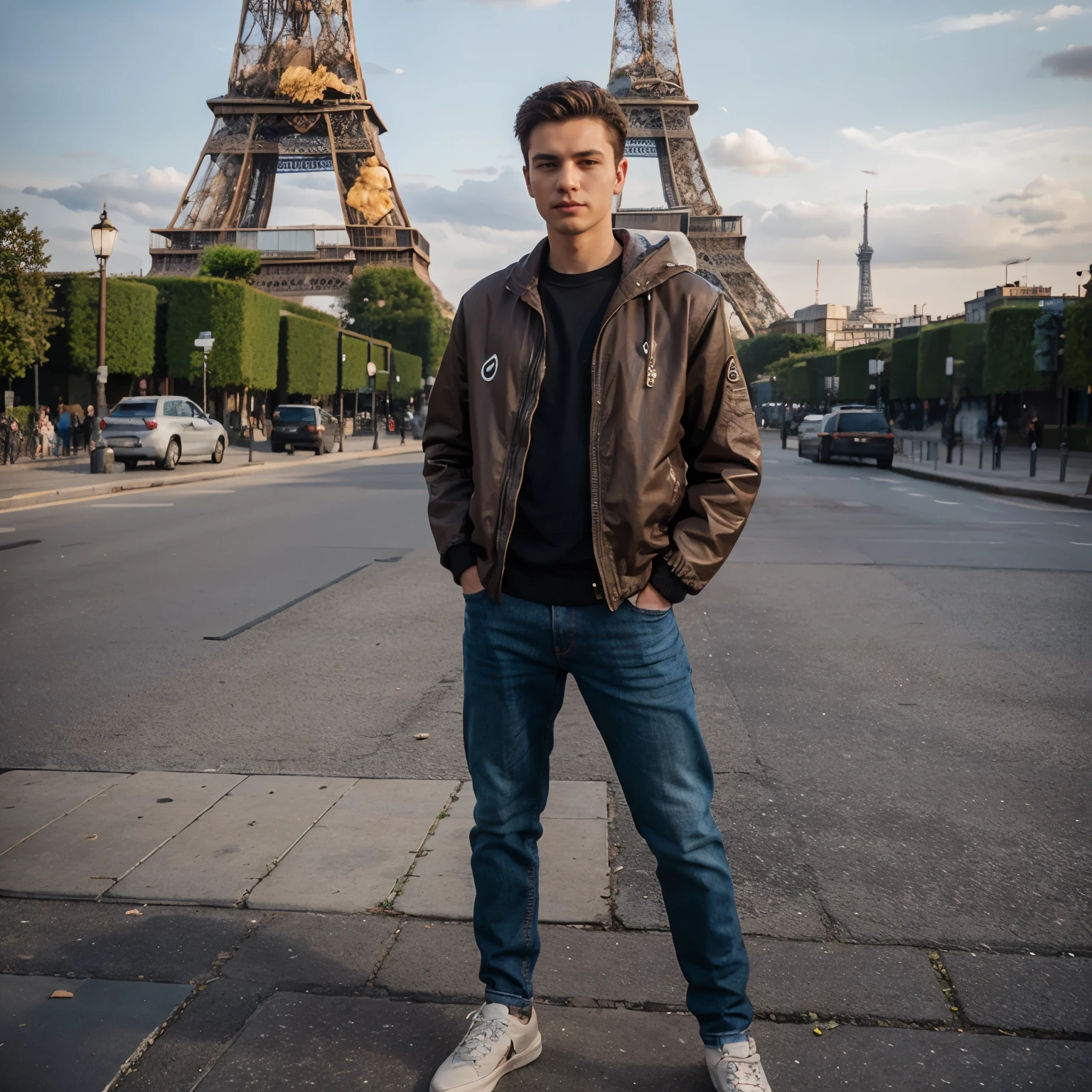 Realistic photo, a 20 year old man, standing, wearing a jacket, jeans, brown shoes, Eiffel tower background, ultra HD photography