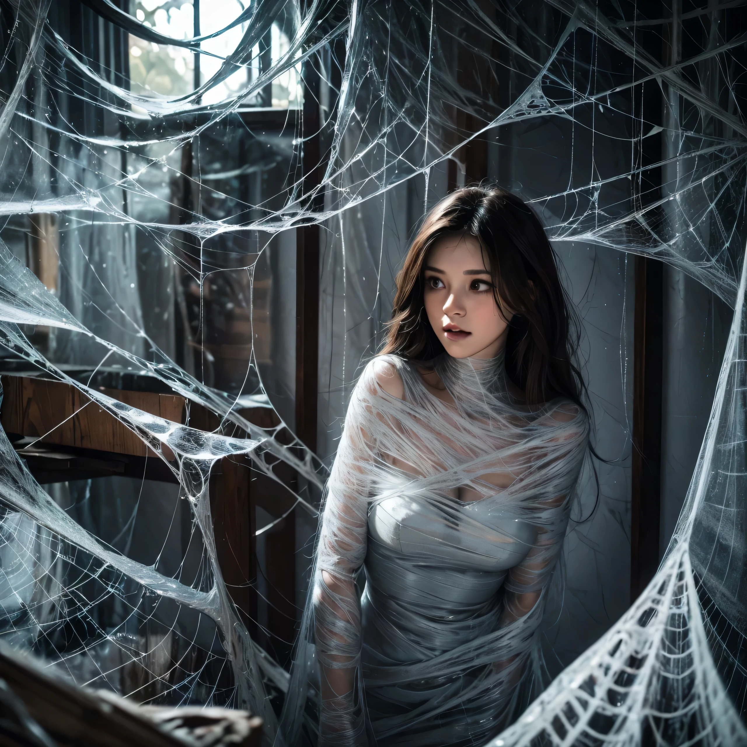 best quality, detailed eyes, detailed lips, beautiful face, long eyelashes, dark hair, scared expression, dusty classroom, old blackboard, wooden desks, books on shelves, chalk dust in the air, sunlight streaming through windows, spider crawling on the wall, spider web covering the room, the girl trying to free herself from the web, tangled strands of the web, sticky silk threads, faint shadows, eerie atmosphere, dramatic lighting, muted color palette, suspenseful mood