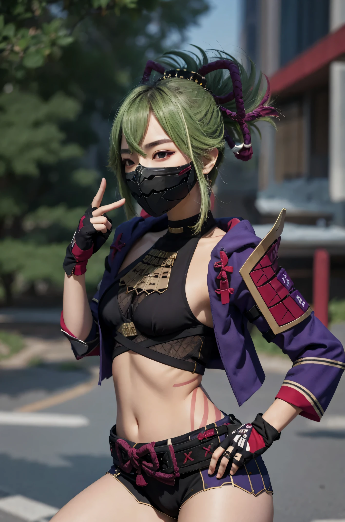 masterpiece, best quality, Kenin V4, 1 girl, alone, Chest, looking at the audience, simple background, raise your legs, Gloves, White background, navel, hair between eyes, Permanent installation, jacket, whole body, shorts, diaphragm, Stomach, armor, crop top, hands on hips, short shorts, mask, black shorts, fishing net, rope, cropped jacket, mouth mask, purple jacket, fishnet top, ninja mask,