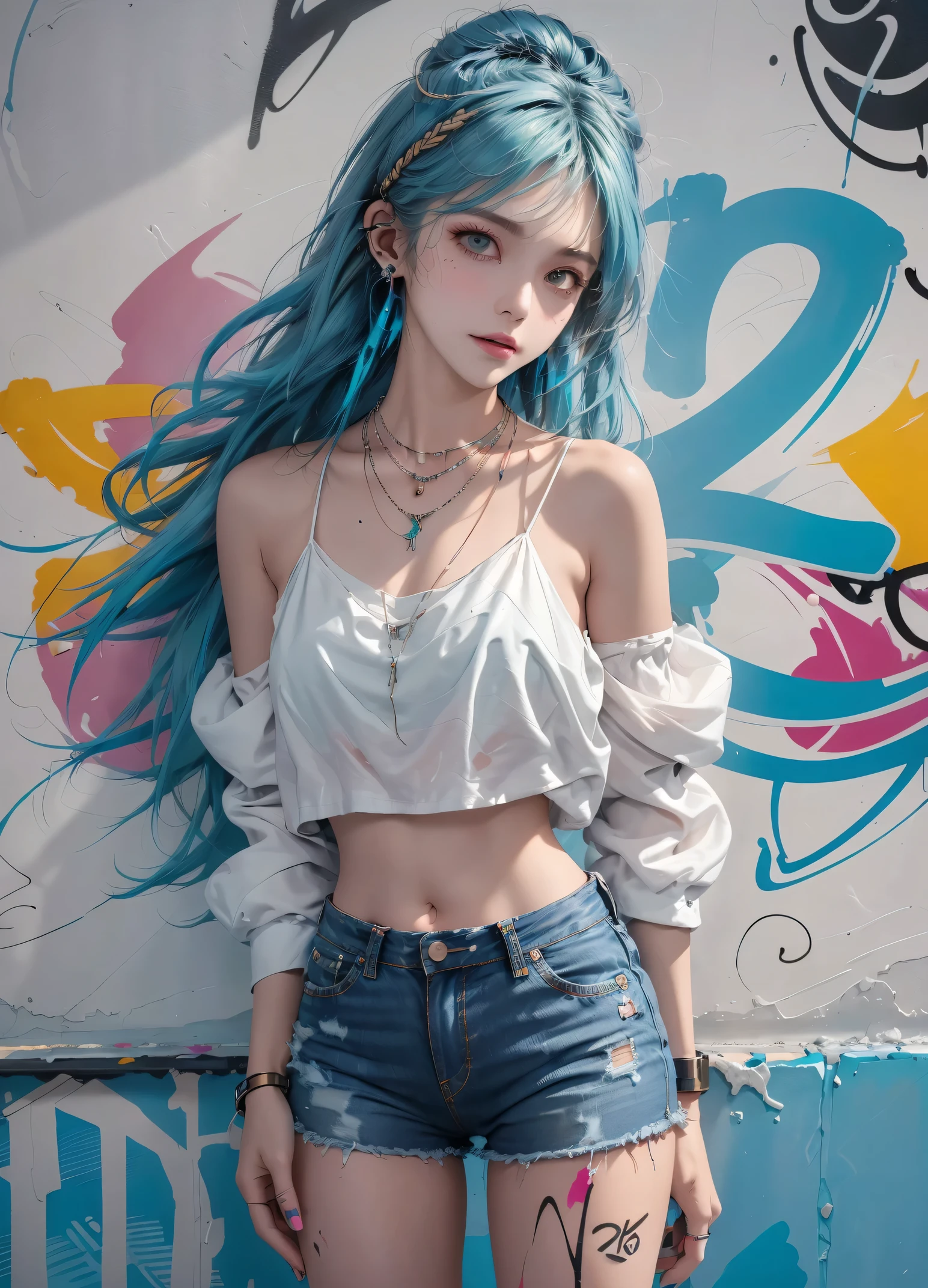 masterpiece, best quality, 1 sister, alone, women's shirts, Denim shorts, necklace, (Graffiti:1.5), paint splatter, Put your arms behind your back, leaning against wall, looking at the audience, armband, thigh strap, Painting body, head tilt, having fun, hair color, aqua eyes, earphone,graffiti wall