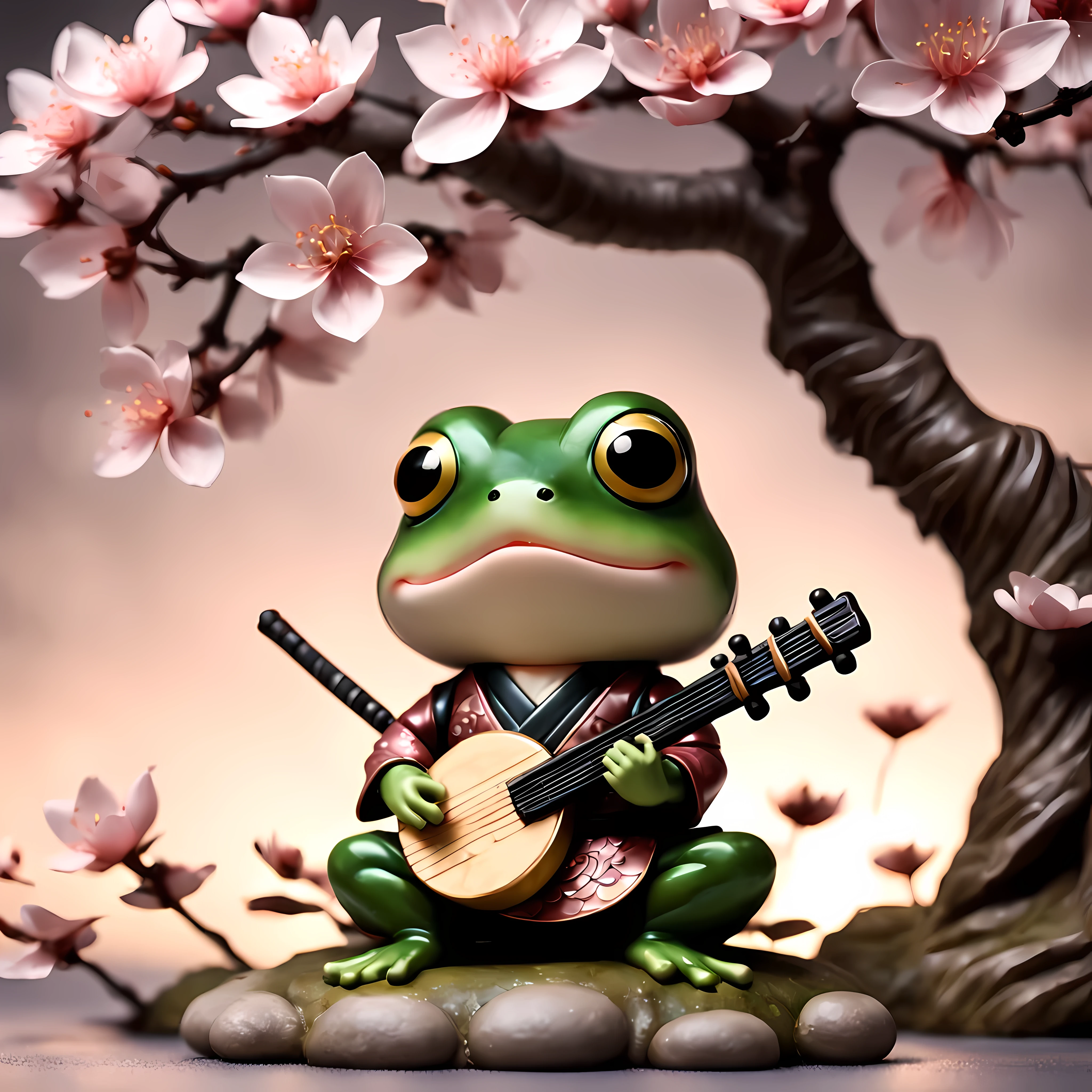 (pixel art:1.4), masterpiece in maximum 16K resolution, (solo close up front view:1.4) captivating scene featuring a lone (frog (samurai) sitting in a ((meditative pose)) under a big Sakura tree) emanating magical soft glow. | The frog samurai ((playing a shamisen)) and (wearing an intricately designed traditional Japanese armor crafted from shimmering lotus leaves), has a ((katana)) made of finest steel. | Blossoms ((flutter gently)) to the ground, a serene (moonlit:0.5) night. | ((More_Detail))
