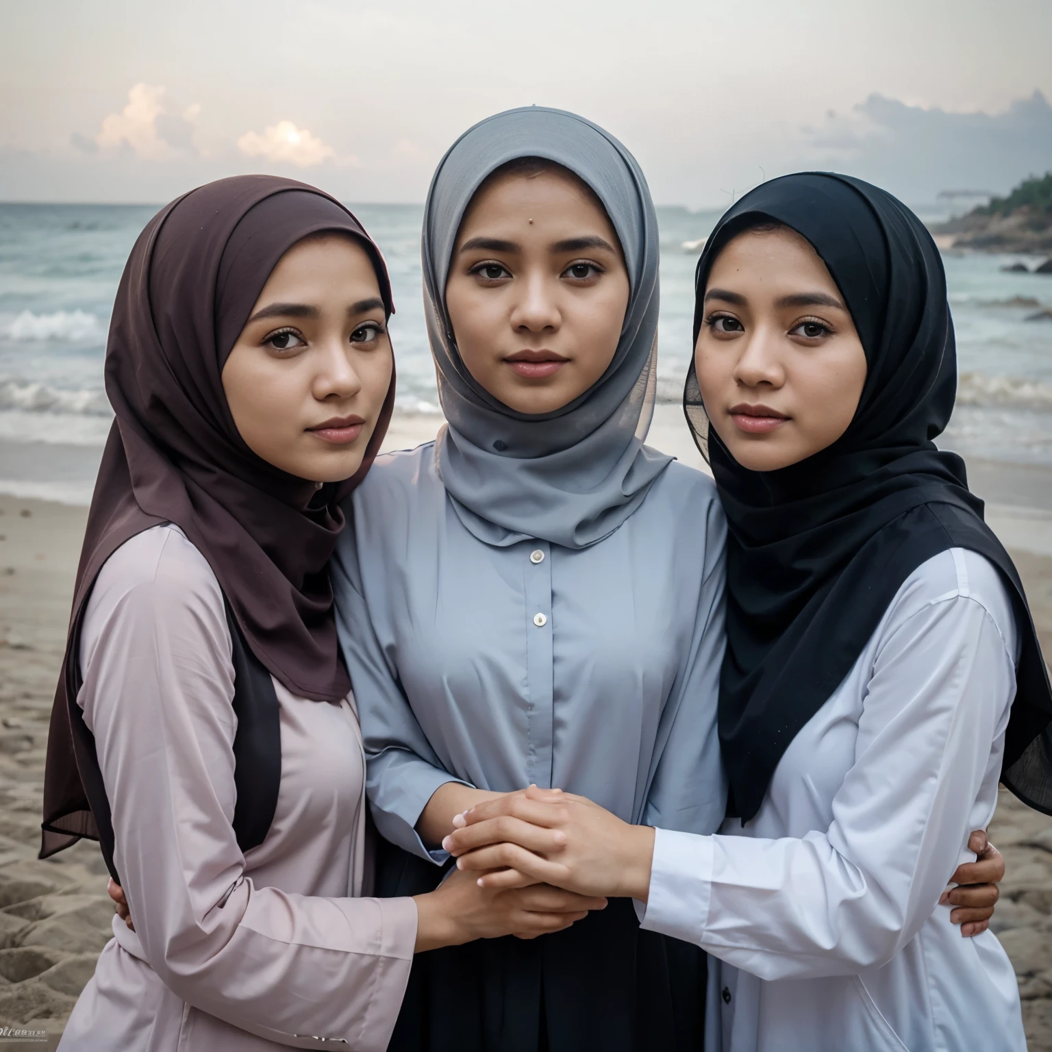 photo potraid , ayah dan ibu muslimah paruh baya , dan 2 remaja putri 17 tahun menggunakan hijab abu,dengan background pantai, cinematic