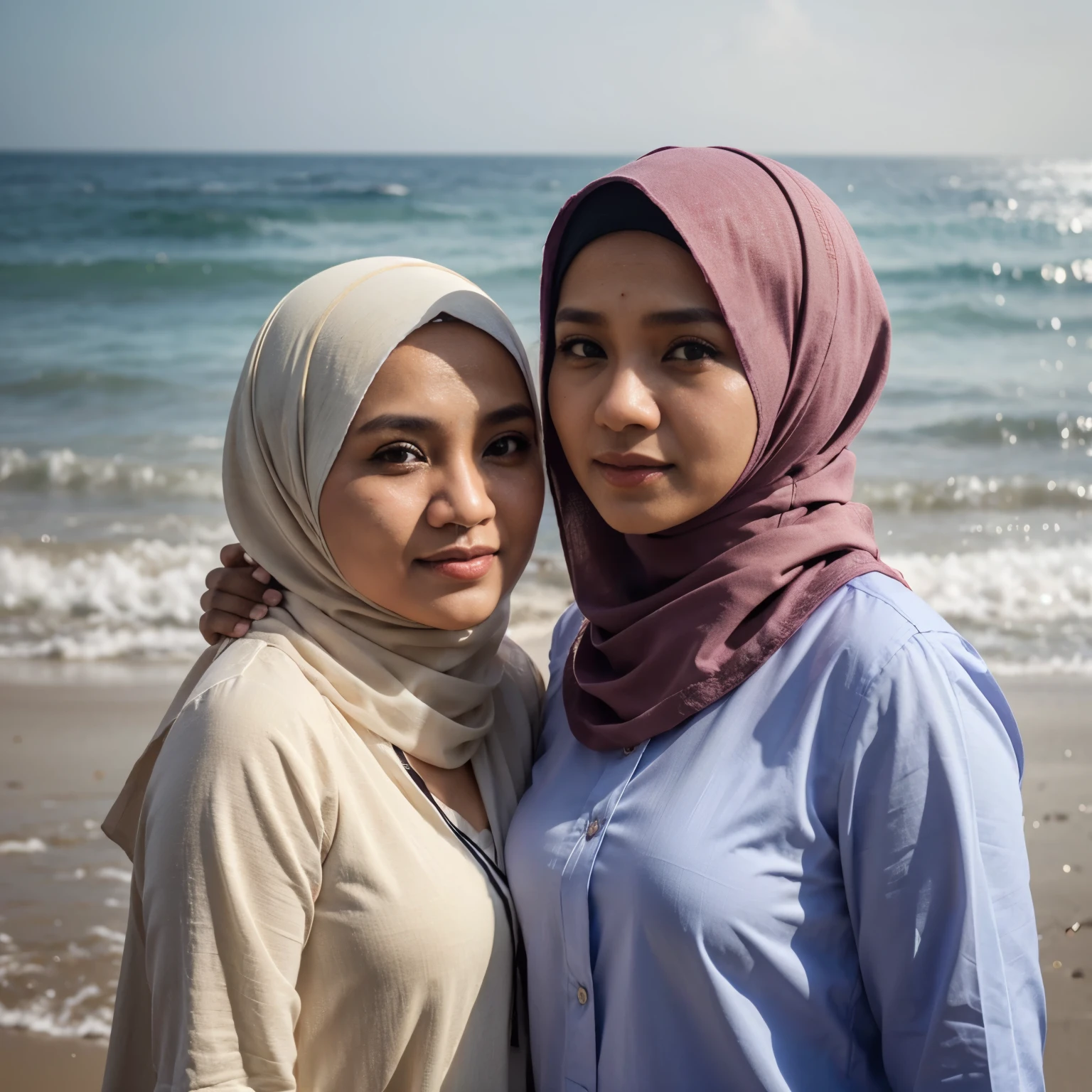 photo potraid , ayah dan ibu muslimah paruh baya , dan 2 remaja putri 17 tahun menggunakan hijab abu,dengan background pantai, cinematic