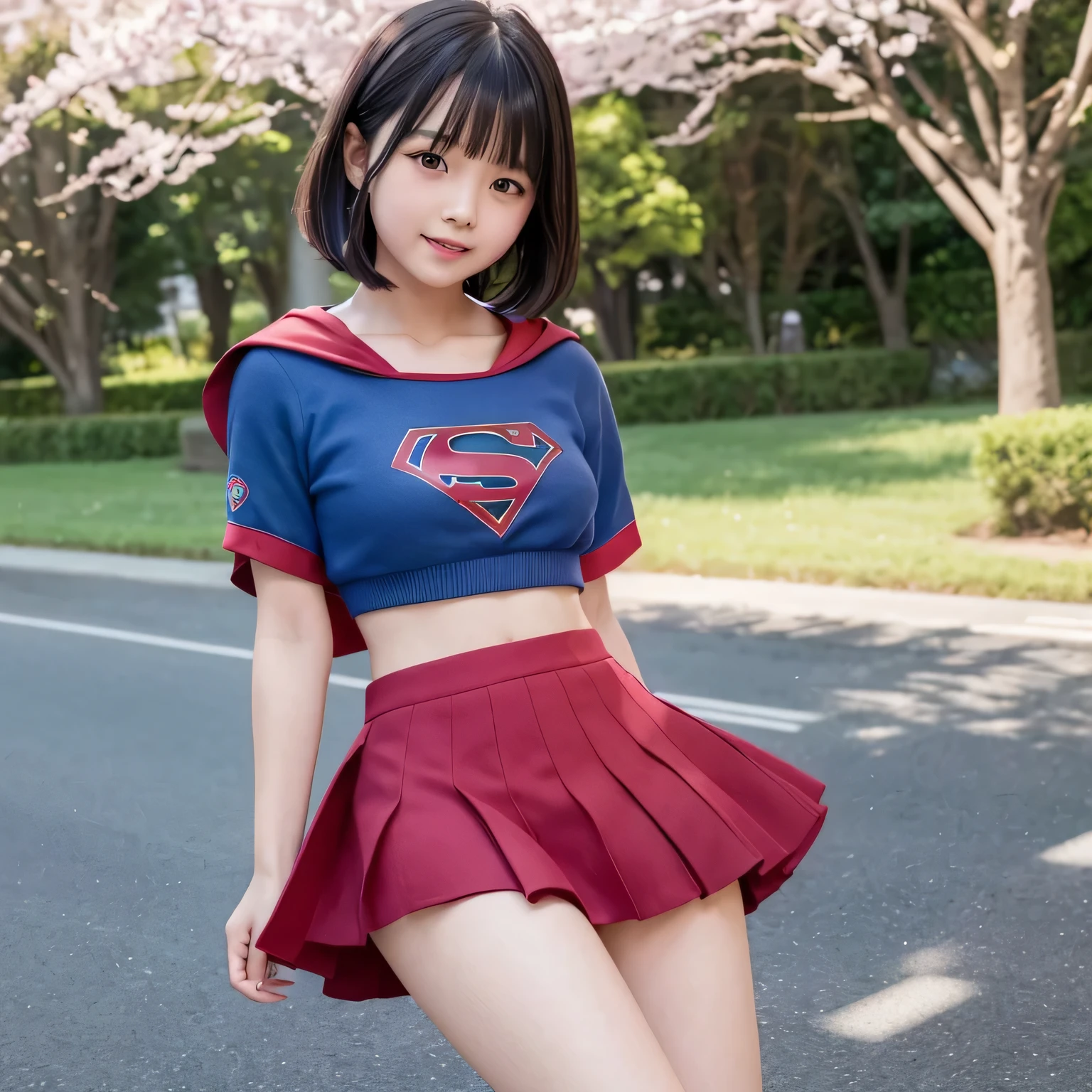 A very elementary school student is wearing Supergirl clothes..、masterpiece、highest quality、Spreading black hair、bob cut with trimmed ends、lolicon、red cloak、short sleeve、belly button、A lot of shining heart particles are dancing in the air、Near the big cherry tree、(whole body)、smiling mouth、(whole body)、(Holding the letter in my hand to my chest)