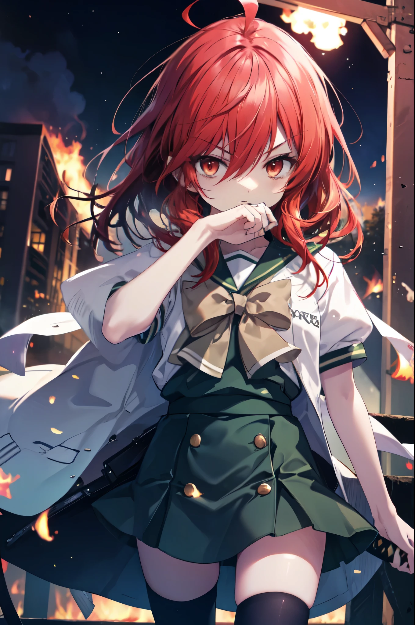 1 girl, cowboy shot, rubble ruins, anger, (battle preparation:1.2), open your mouth, (night:1.2), explosive inflammation,shana, red eyes, redhead, very long hair, hair between eyes, (Ahoge:1.1), , school uniform, serafuku, white shirt, short sleeve, green skirt, Thighhighs, black rider suit,He has a Japanese sword wrapped in flames in his left hand.,While wiping your mouth with your right hand,highest quality, masterpiece, High resolution, 