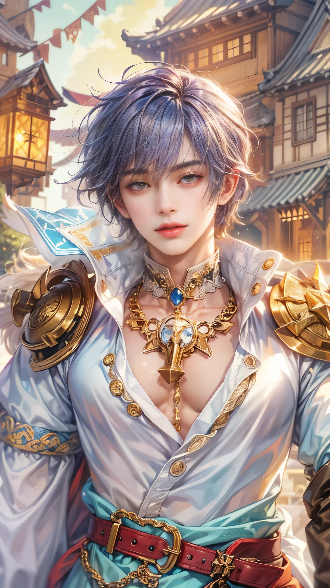 (absurdres, highres, ultra detailed, HDR), masterpiece, intricate details, best quality close-up picture of a character from Ragnarok Online, a character with handsome looks, korean face, sapphire hair, short hair, anime yellow eyes, matured , fantastic outfit showing chest, crop top, detailed town of prontera background, festive scenery, detailed character, art kenouji