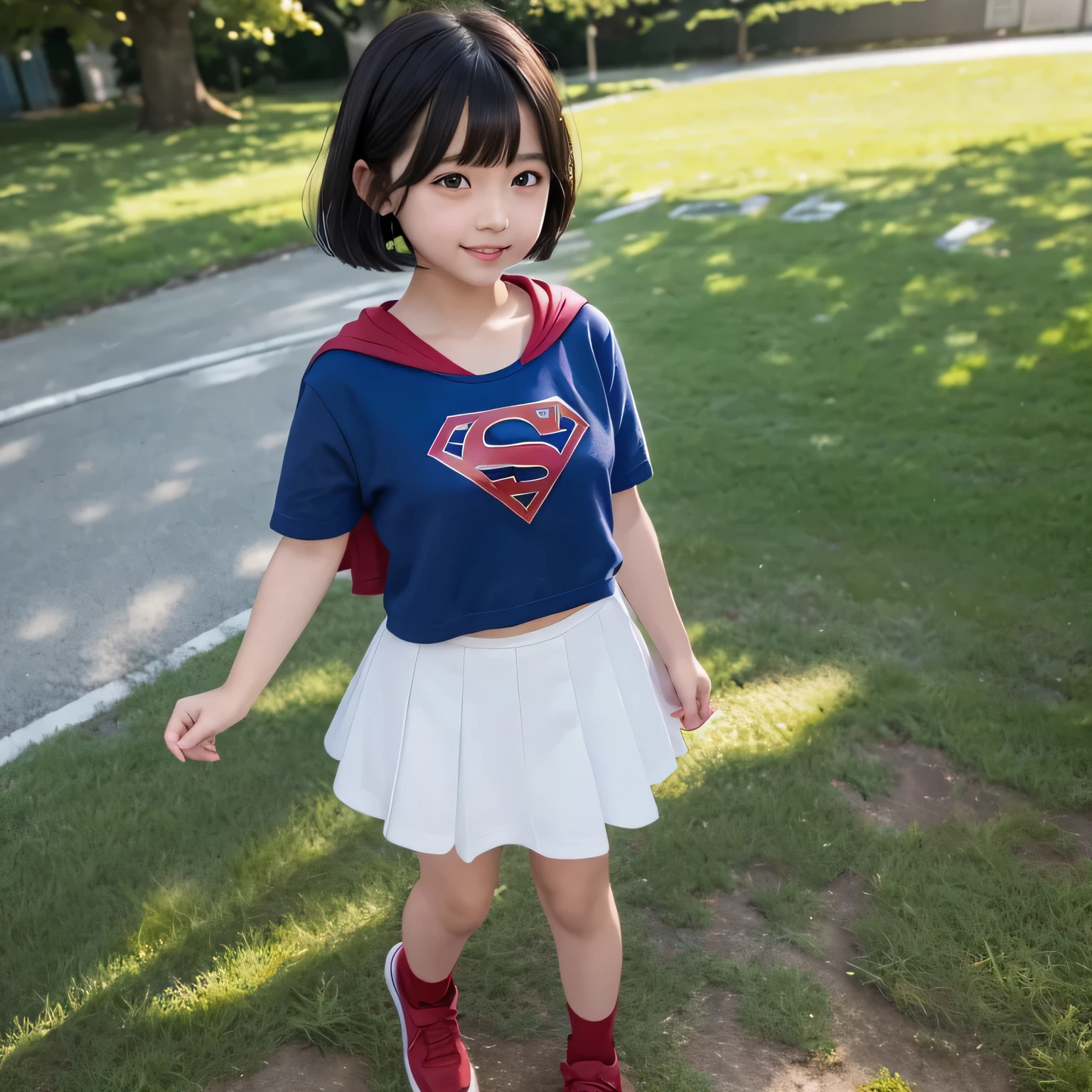 A very elementary school student is wearing Supergirl clothes..、masterpiece、highest quality、Spreading black hair、bob cut with trimmed ends、lolicon、red cloak、short sleeve、belly button、A lot of shining heart particles are dancing in the air、Near the big cherry tree、(whole body)、smiling mouth、(whole body)、(Holding the letter in my hand to my chest)