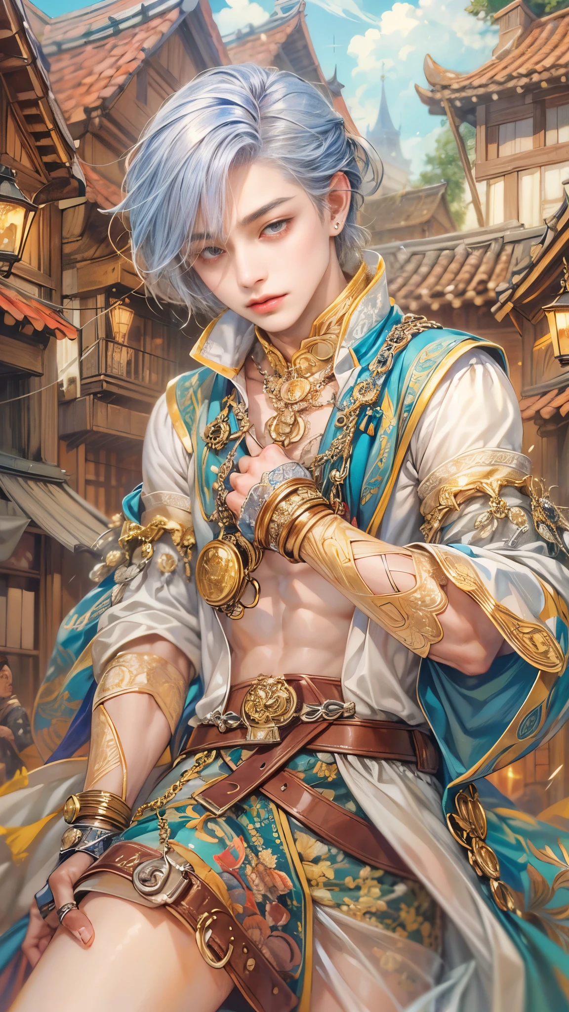 (absurdres, highres, ultra detailed, HDR), masterpiece, intricate details, best quality close-up picture of a character from Ragnarok Online, a character with handsome looks, korean face, sapphire hair, short hair, anime yellow eyes, matured , fantastic outfit showing chest, crop top, detailed town of prontera background, festive scenery, detailed character, art kenouji