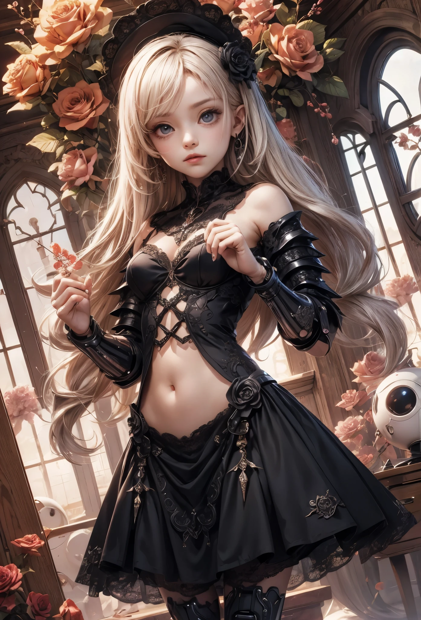 ((Highly accurate drawing in every detail)Extremely precise depiction)[High resolution],(detailed illustrations,とてもfineで緻密な描画,Delicate drawn lines with tempo,Realistic texture expression),[color traced main line],[Ruins of a super ancient civilization],[ANIME] (MACHINEAlice Beauty ) straight long hair [AUTOMATON],([Black Rose] black dress) (cyber alien armor [transparent material]) [thorns] Lock [titanium alloy] [[transparent material]],cybernetic gothic lol[clear lenticular iris],(intricate and beautiful decoration [Dense detail]),(Fine and beautiful skin expression [transparency]),((Precisely drawn eyes))[完璧な目のdetailed((Beautiful eyes like jewels)Iris drawn in precise detail)[clearly drawn pupils]],[eye light[Pinpoint lighting for the eyes]],[long and beautiful eyelashes],[precisely drawn hair [美しく艷やかな髪のdetailed]],(完璧な手のdetailed [Beautiful fingers with no damage [beautiful nails]]),(perfect anatomy(perfectly balanced proportions))[[full body portrait]],[[Highly constructed design]][ideal color coordination(Accurate simulation of light and material interactions)],([precision detail](detailed,高fine)),[Visual art that tells a story],((highest quality)fine[[High density drawing]])(4K quality).