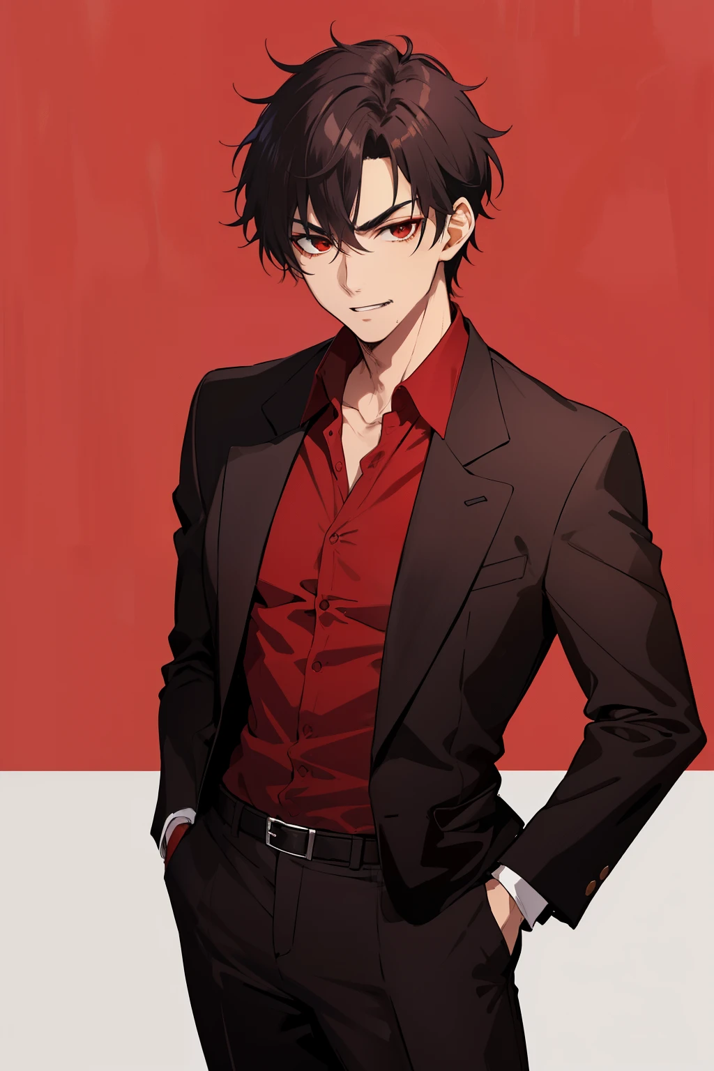 Tall vampire looking boy with black hair. Brown skin. Sharp facial features. Elegant dressed in red. Dark brown eyes. Thick eyebrows. Dark red shirt unbottoned a little. Messy hair. 