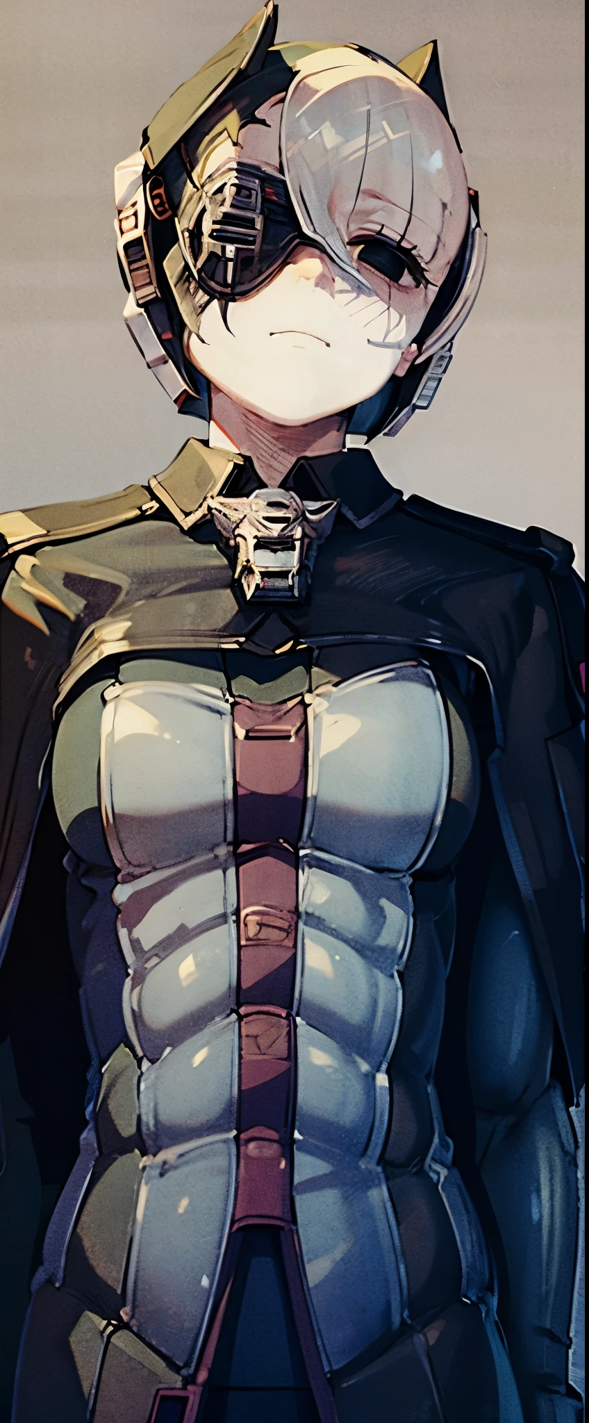 ozen, cape, jacket, black cape  borg cyborg bald gray skin veins metal armor cable eyepatch deadpan expression netrual background