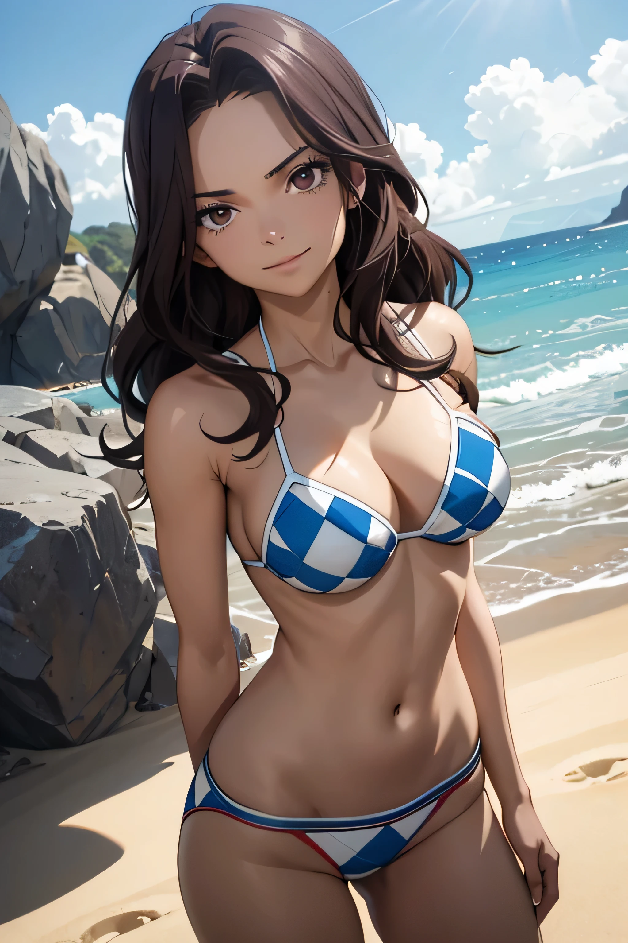 absurdos, high resolution, ultra-afiado, 8K, {obra de arte}, olhos expressivos, extremamente detalhado, melhor qualidade, rosto perfeito, 1 garota, Sozinho, olhos castanhos, praia, bikini, Standing, sorriso leve, Todos os quatro,