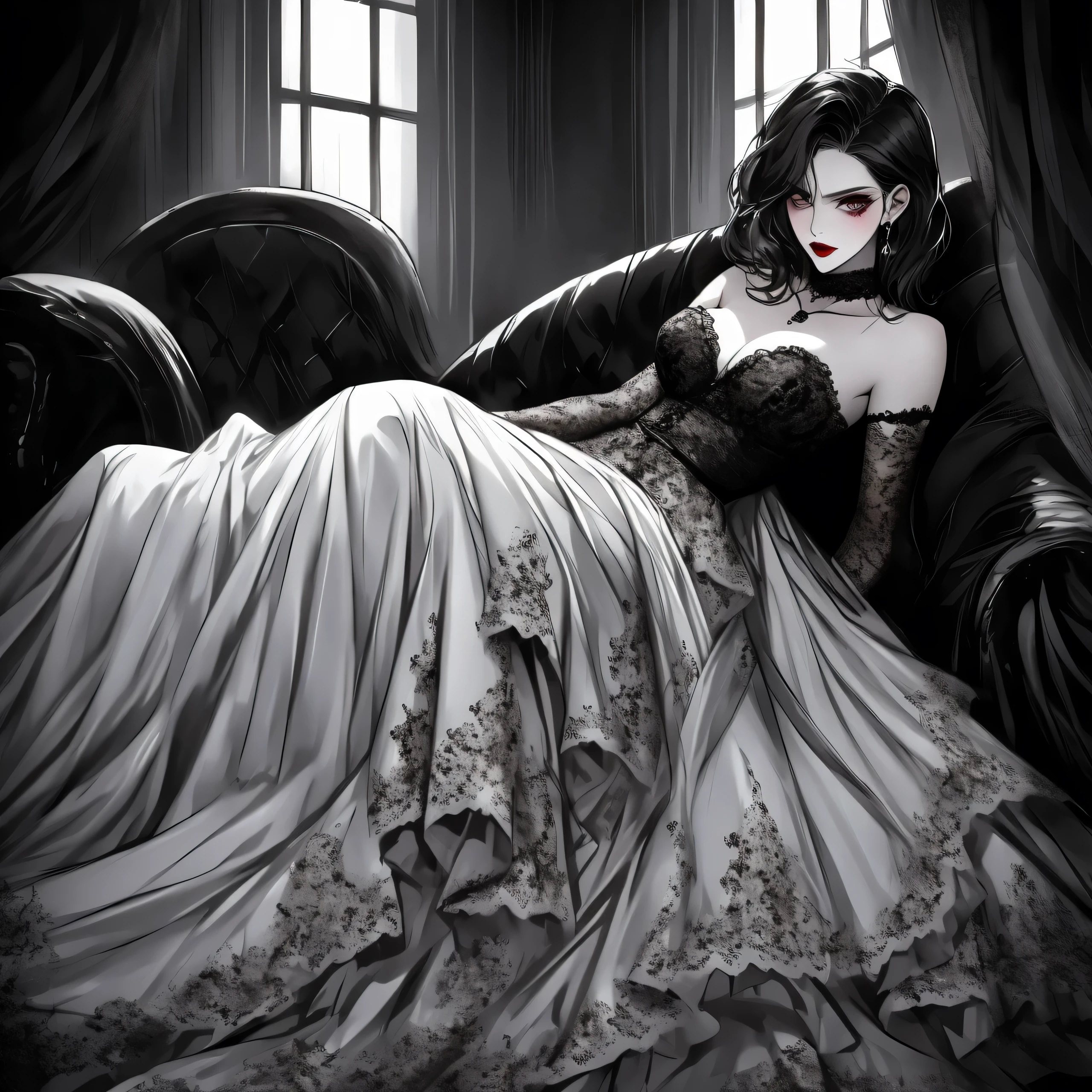 a vampire captured by a girl,leather, fierce expression, seductive gaze, dark lipstick, pale skin, high heels, choker, gothic atmosphere, intense eyes, dramatic lighting, seductive pose, black lace, dominance, power dynamics, provocative, mysterious, alluring, evening gown, long nails, confident posture, red lips, lying down, (cocoon:1.0)