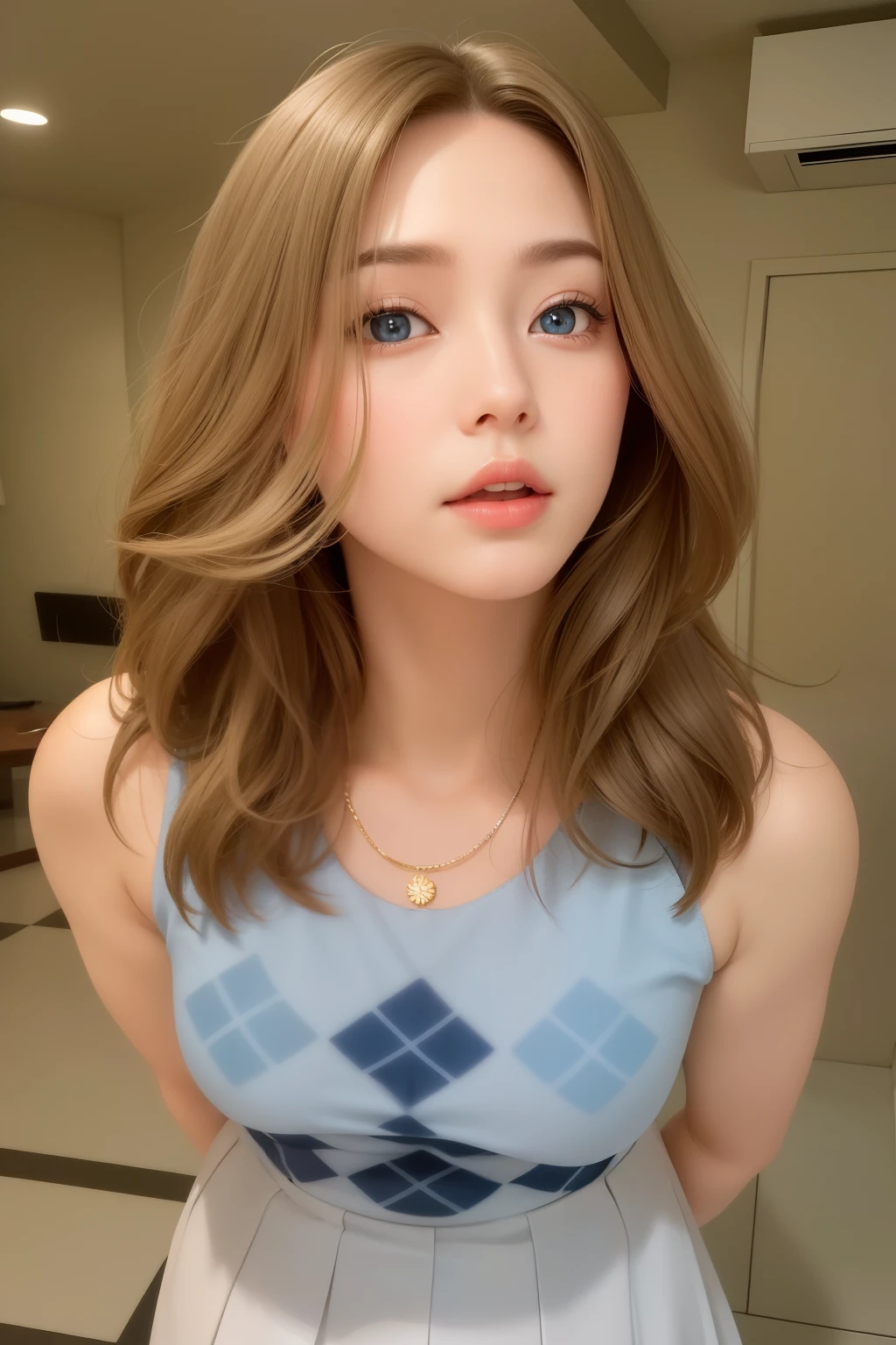 Beautiful big breastokeh), indoors, detailed luxury living room, gentle and charming beautiful goddess, Korean(kpop-idol), solo, necklace, oval face, double eyelids, smart, good hands, good feet, Natural, (from below angle), (glossy skin:1.05), ((low angle)), Perfect figure, (64k, UHD, RAW photo, best quality, masterpiece:1.4), (realistic, photo-realistic:1.37), ultra high res, photon mapping, radiosity, physically-based rendering, professional soft lighting, blue eyes, purpel hair