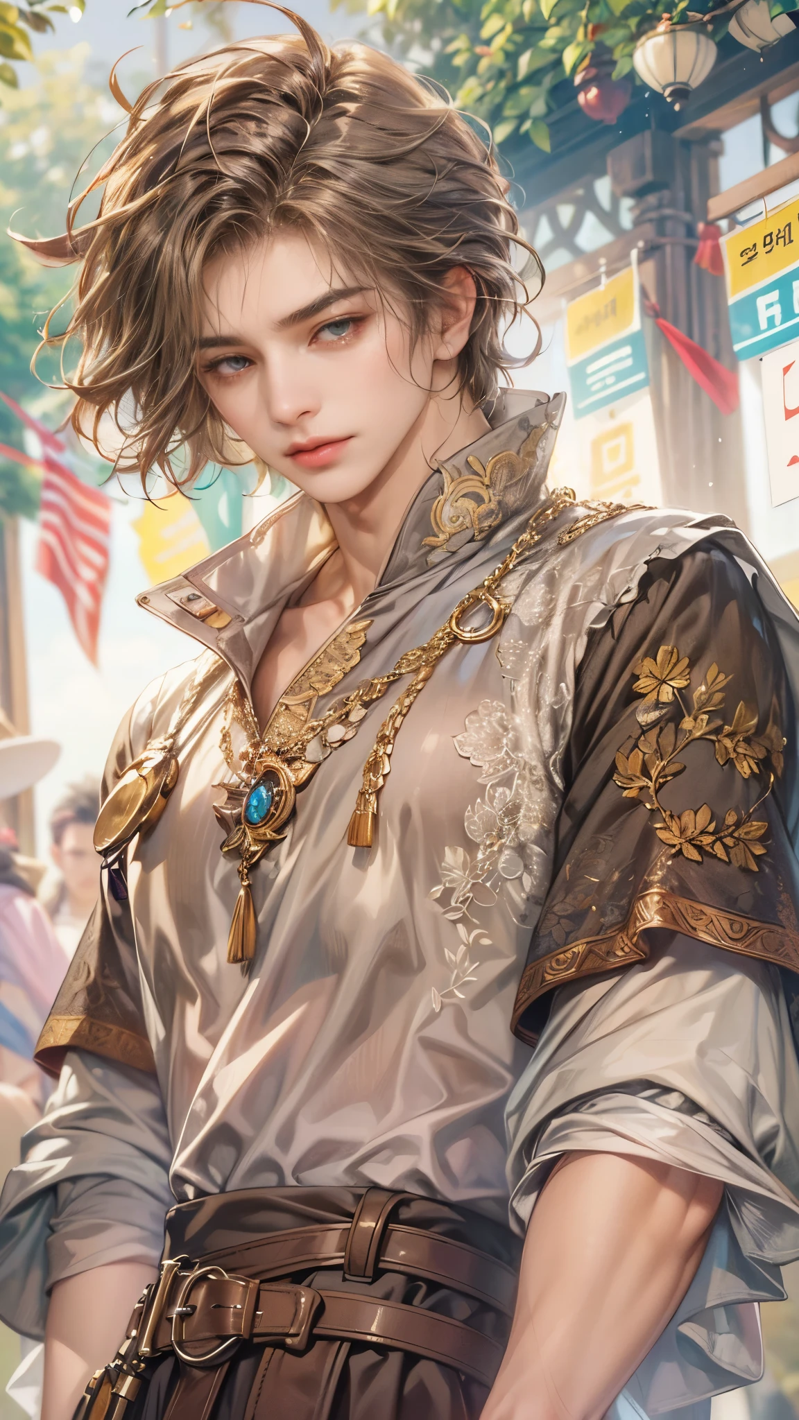 (absurdres, highres, ultra detailed, HDR), masterpiece, intricate details, best quality close-up picture of a character from Octopath Traveler, a character with handsome looks, korean face, short hair, anime eyes, matured teen, supporter outfit showing chest, crop top, detailed town of prontera background, Festival scenery, detailed character, art kenouji