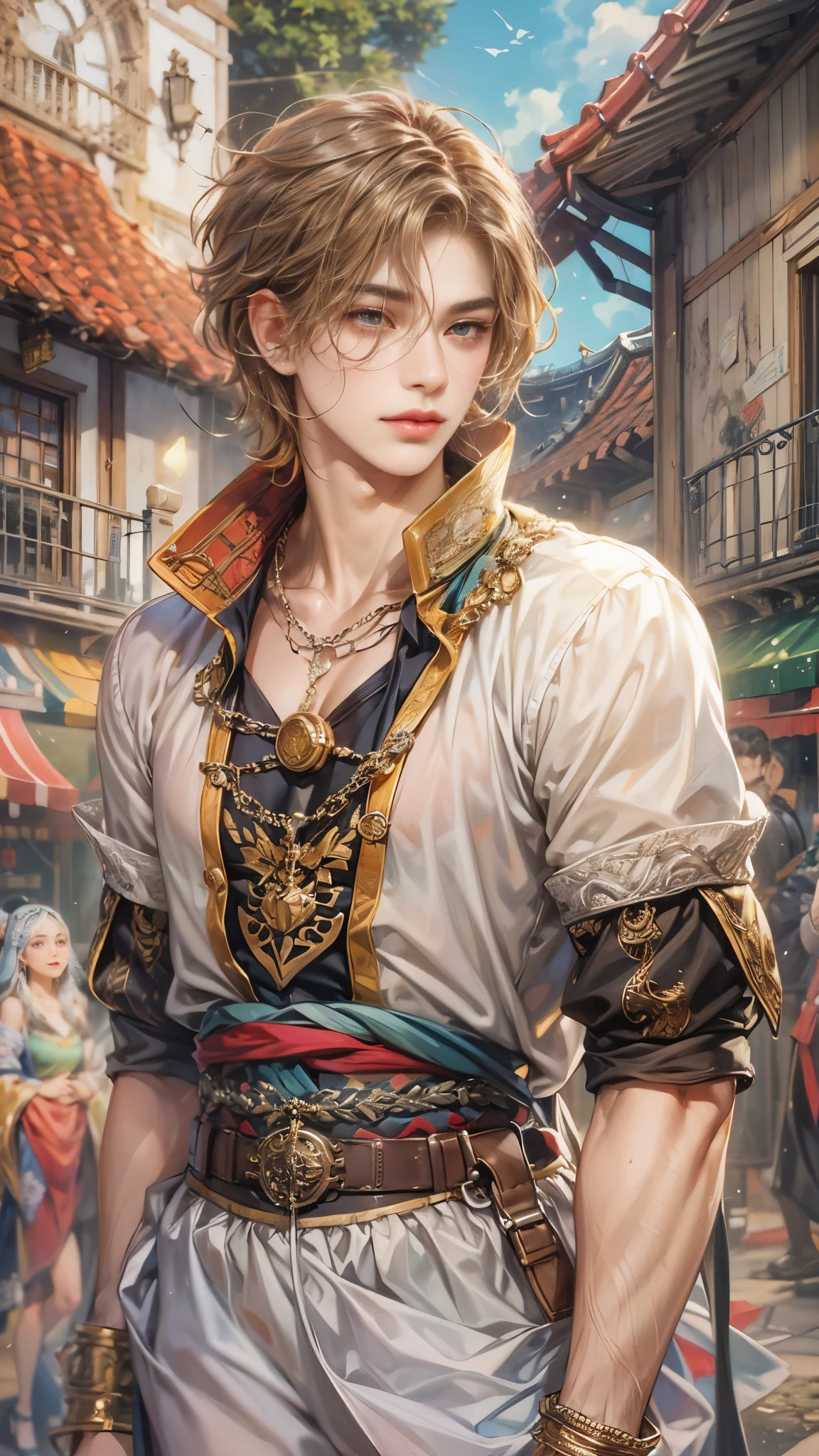 (absurdres, highres, ultra detailed, HDR), masterpiece, intricate details, best quality close-up picture of a character from Octopath Traveler, a character with handsome looks, korean face, short hair, anime eyes, matured teen, supporter outfit showing chest, crop top, detailed town of prontera background, Festival scenery, detailed character, art kenouji